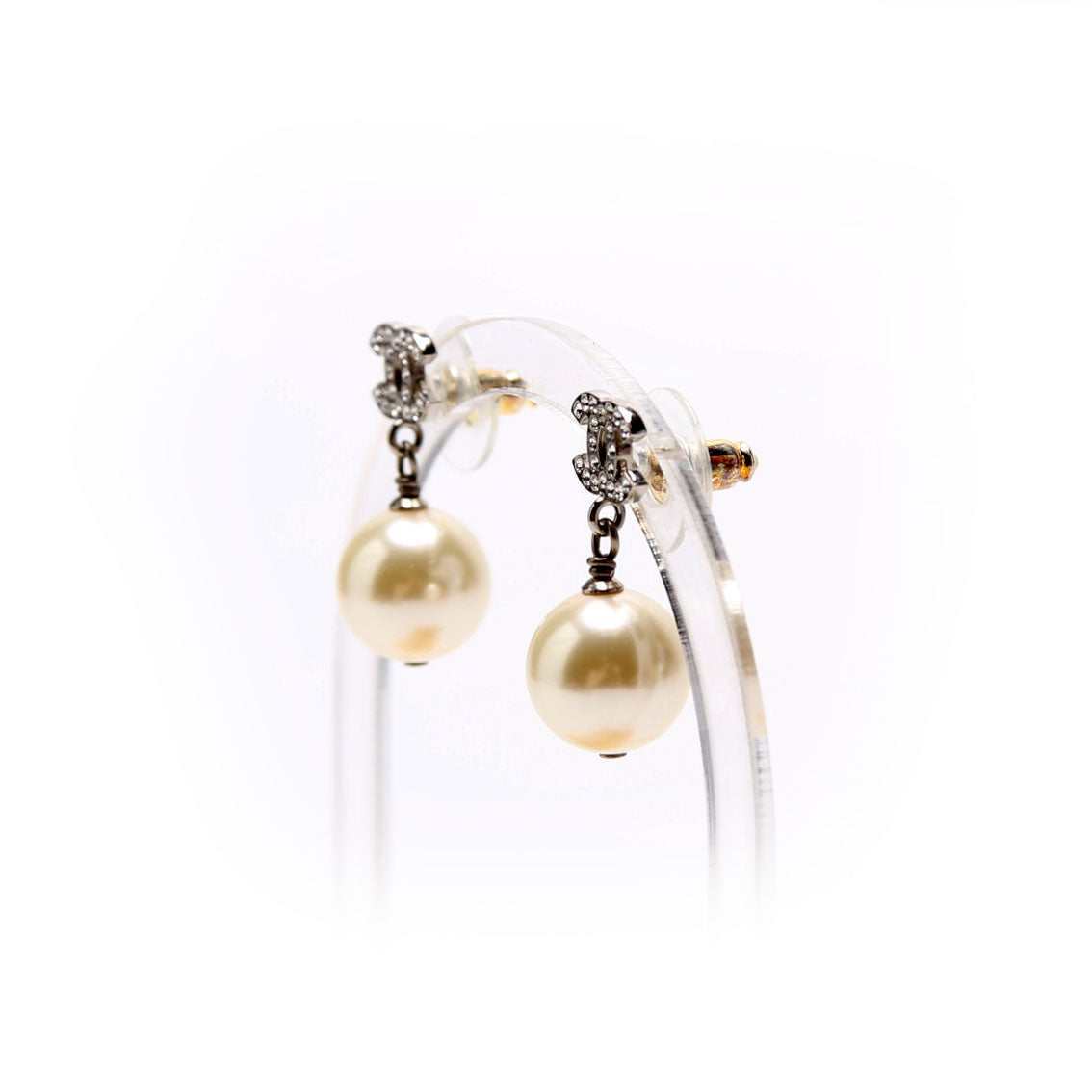 Chanel Crystal CC Pearl Drop Earrings Silver/Pearl