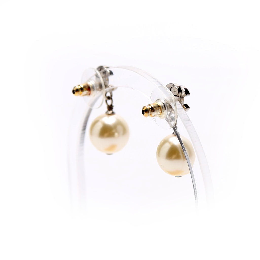 Chanel Crystal CC Pearl Drop Earrings Silver/Pearl