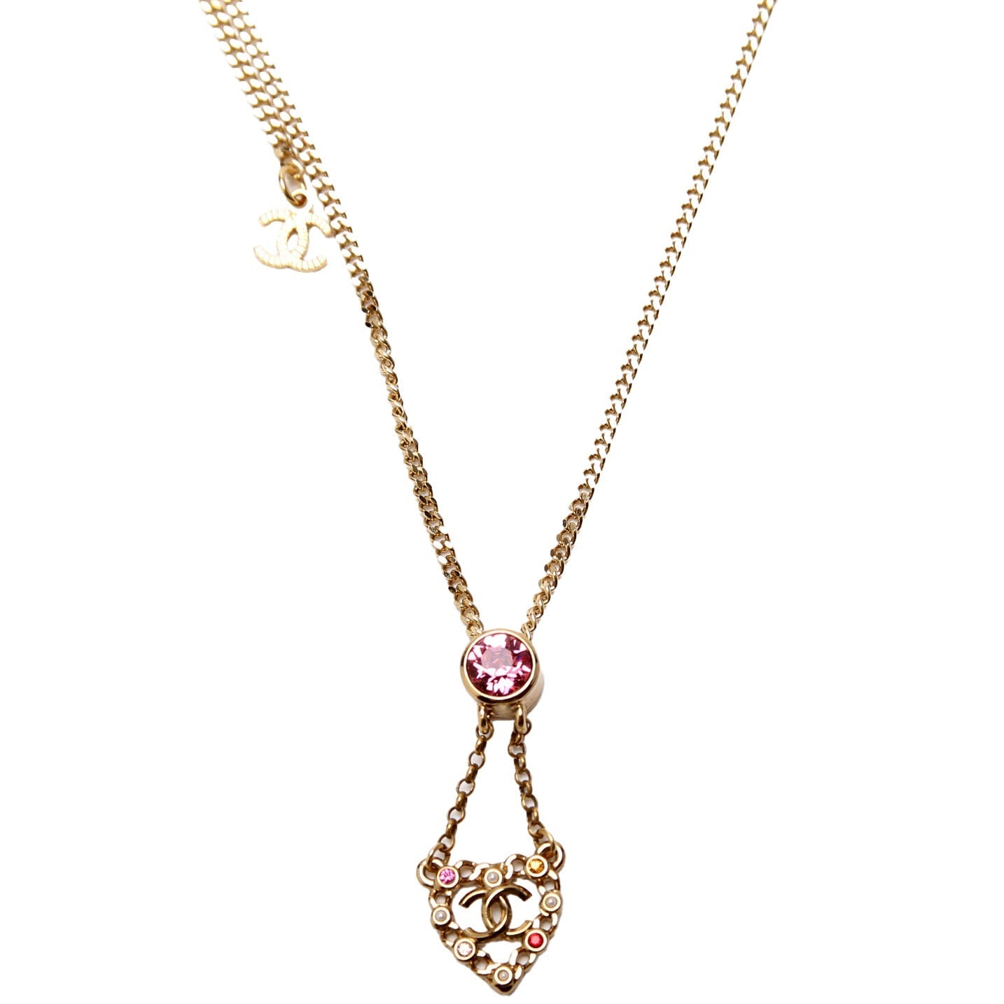 Chanel CC Pearl/Crystal Chain Link Heart Drop Necklace Gold/Pink