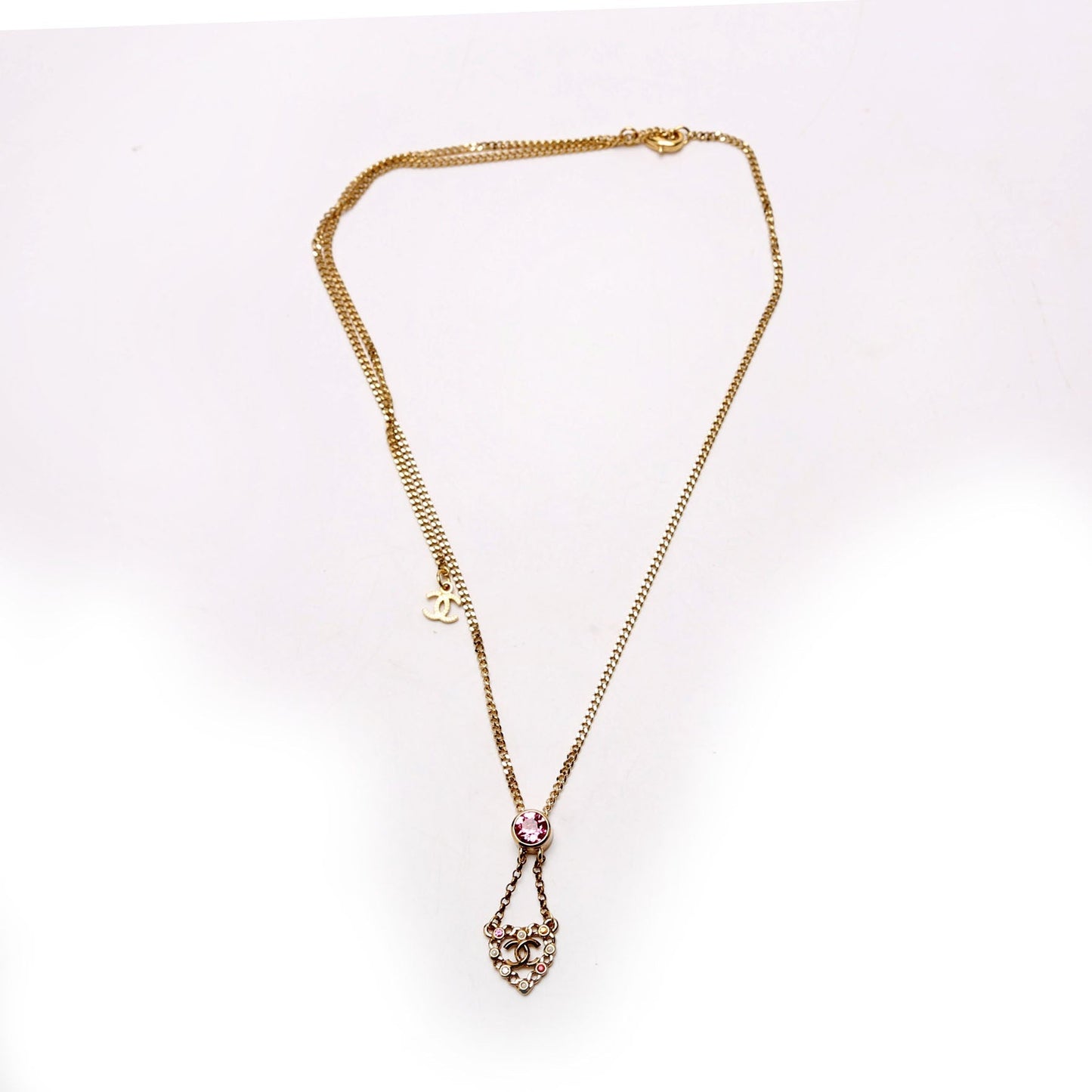 Chanel CC Pearl/Crystal Chain Link Heart Drop Necklace Gold/Pink