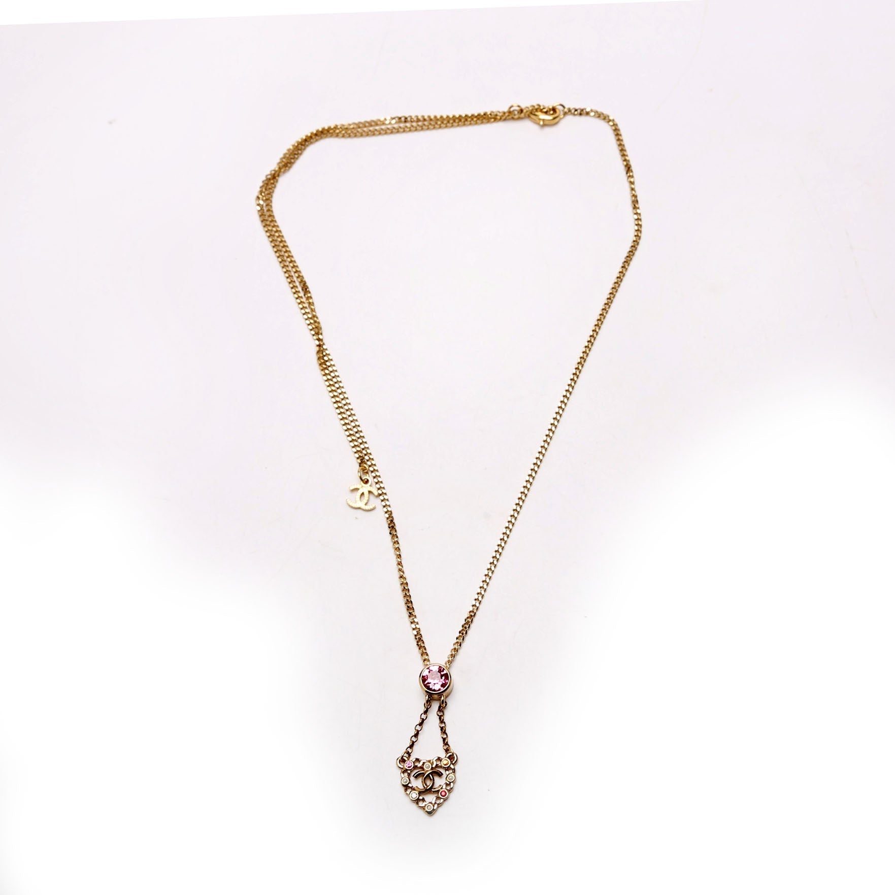 Chanel CC Pearl/Crystal Chain Link Heart Drop Necklace Gold/Pink