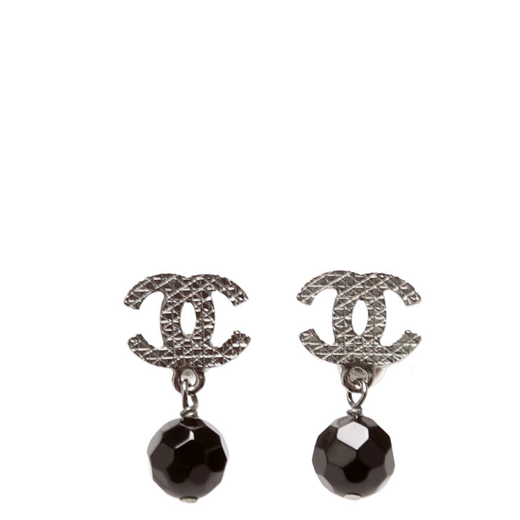 Chanel CC Bead Ruthenium Drop Earrings Silver/Black