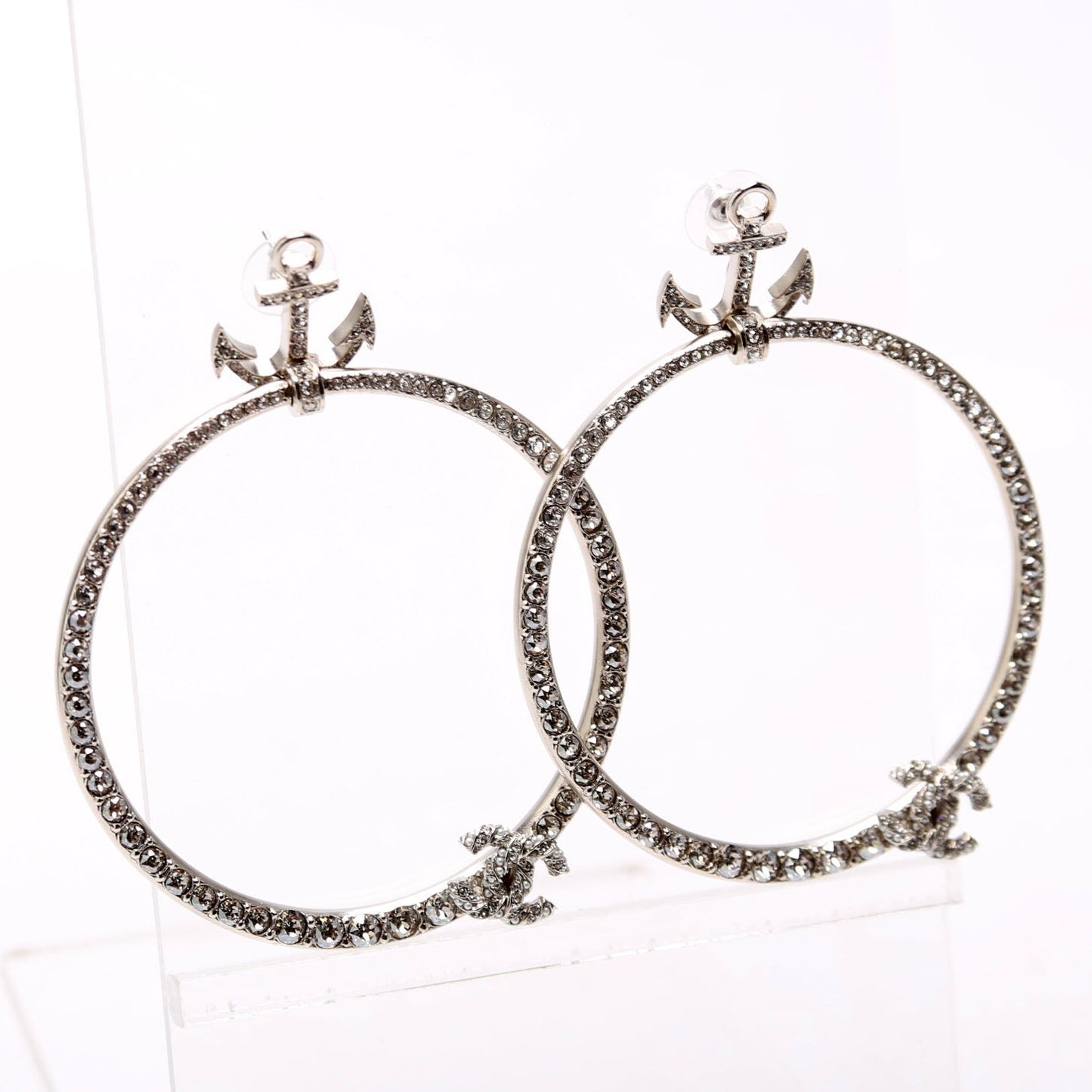 Chanel Anchor Strass Hoop Earrings Silver