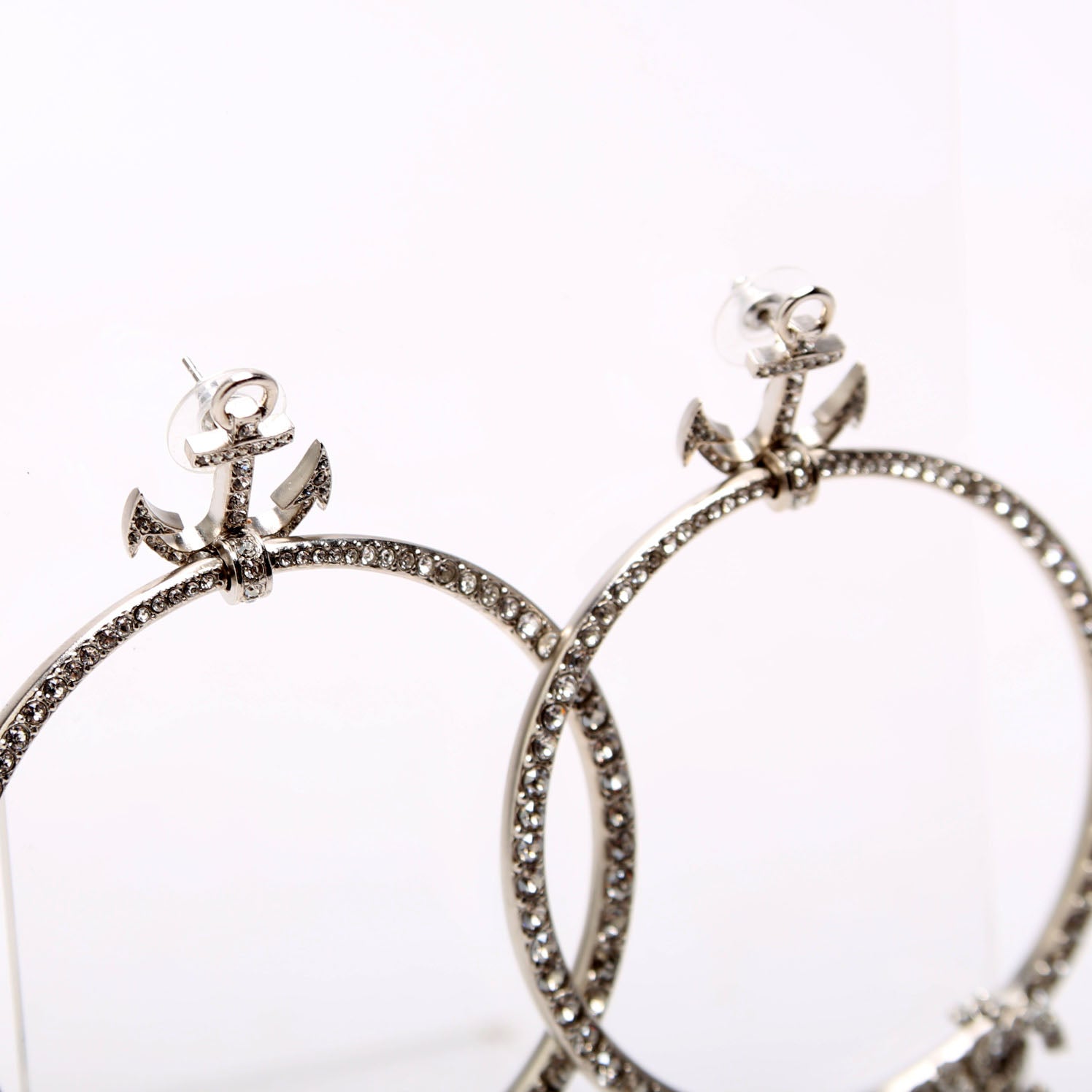 Chanel Anchor Strass Hoop Earrings Silver