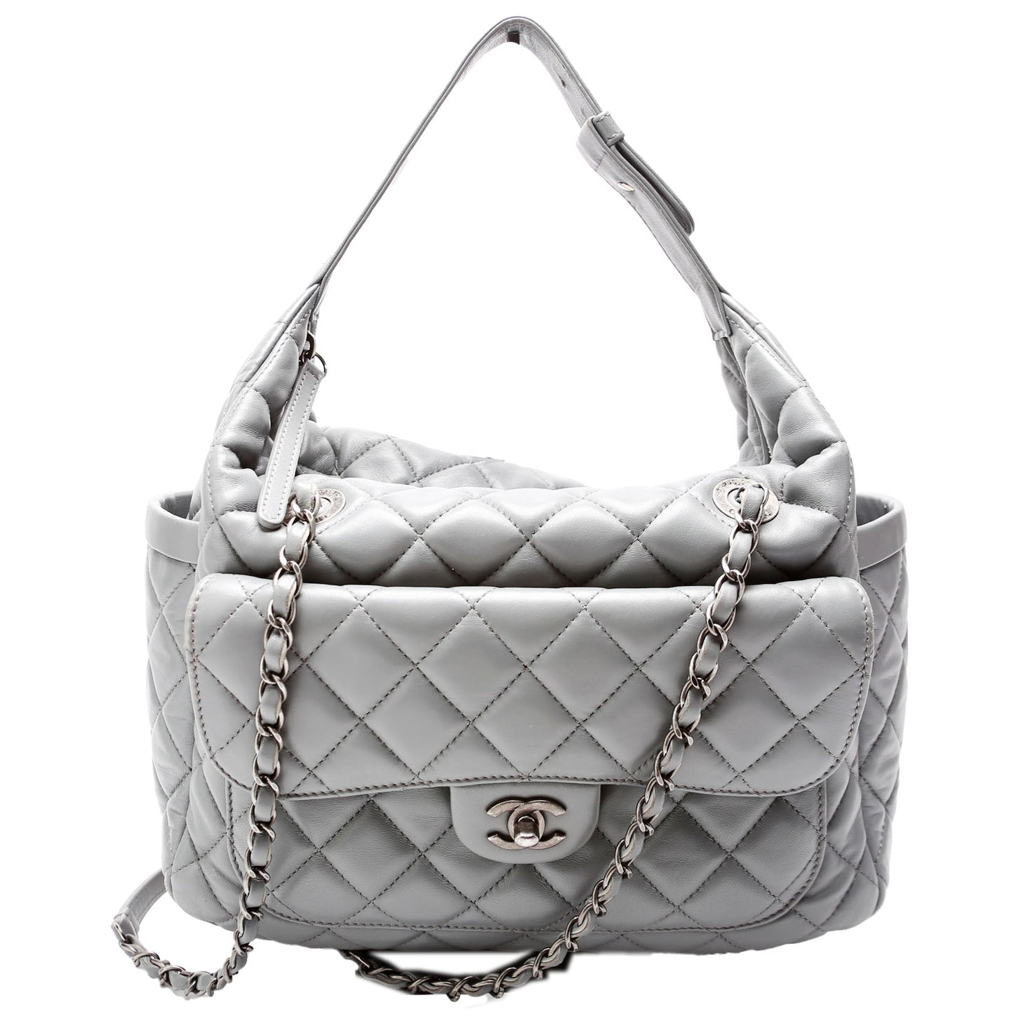Chanel Front Pocket Flap Hobo Quilted Lambskin Grey Shoulder Bag