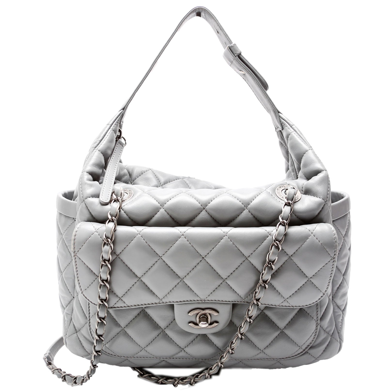 Chanel Front Pocket Flap Hobo Quilted Lambskin Grey Shoulder Bag