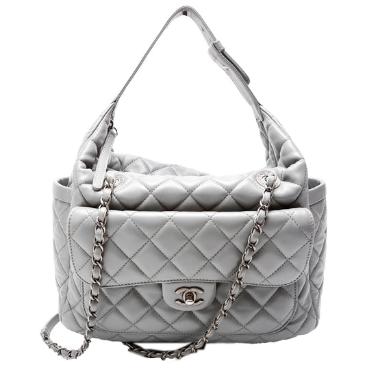 Chanel Front Pocket Flap Hobo Quilted Lambskin Grey Shoulder Bag