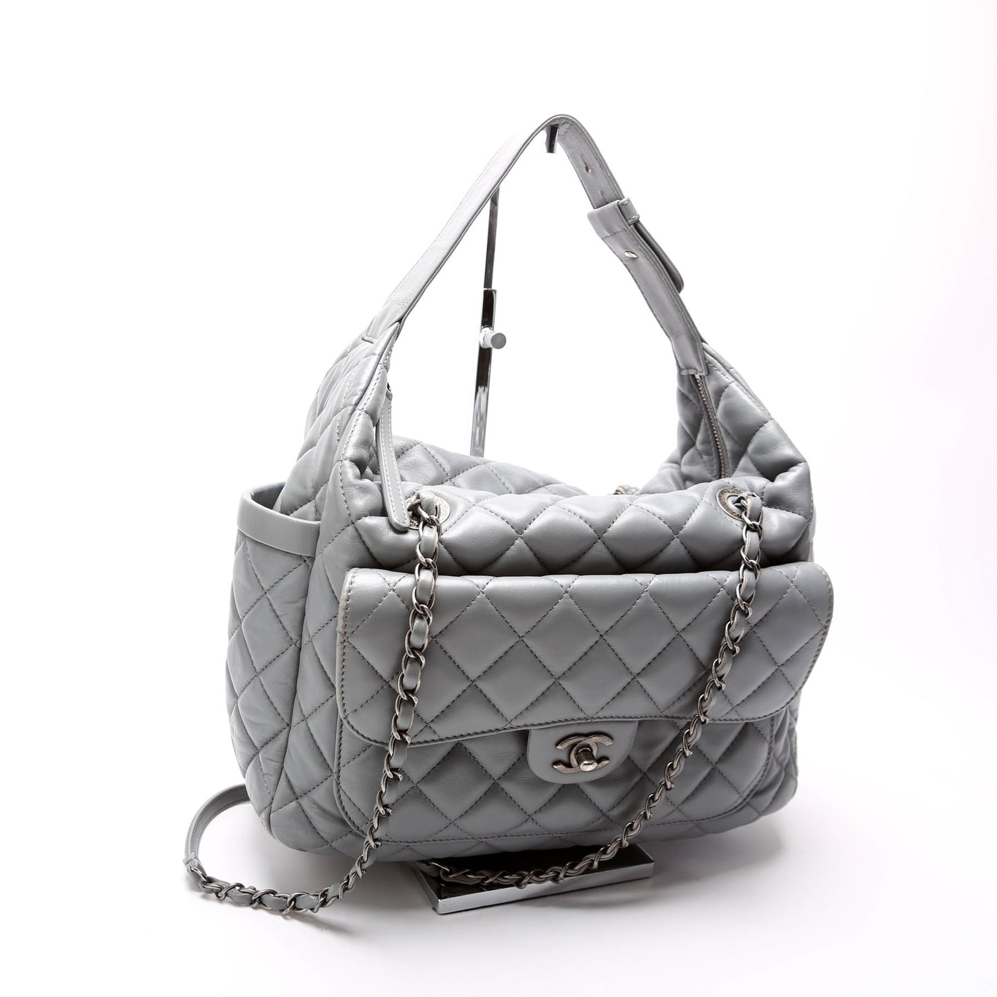 Chanel Front Pocket Flap Hobo Quilted Lambskin Grey Shoulder Bag