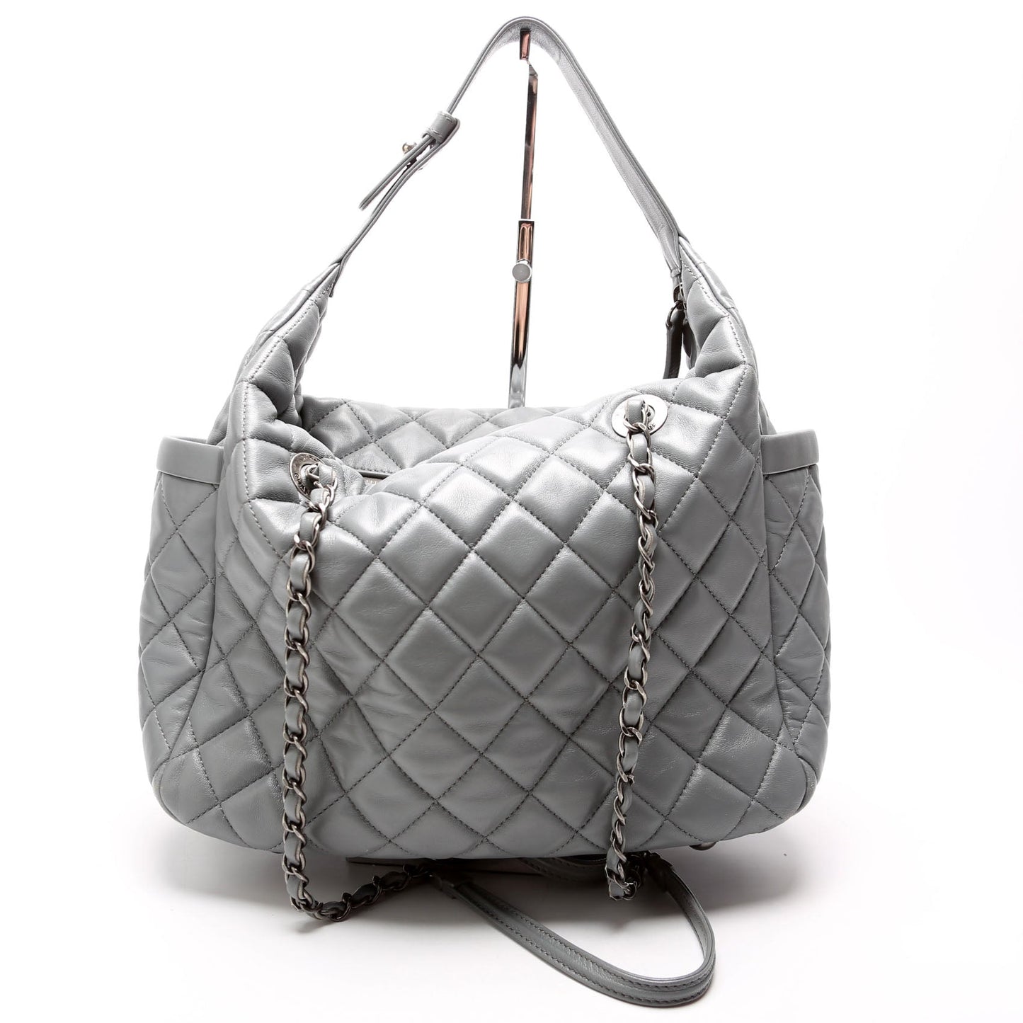 Chanel Front Pocket Flap Hobo Quilted Lambskin Grey Shoulder Bag