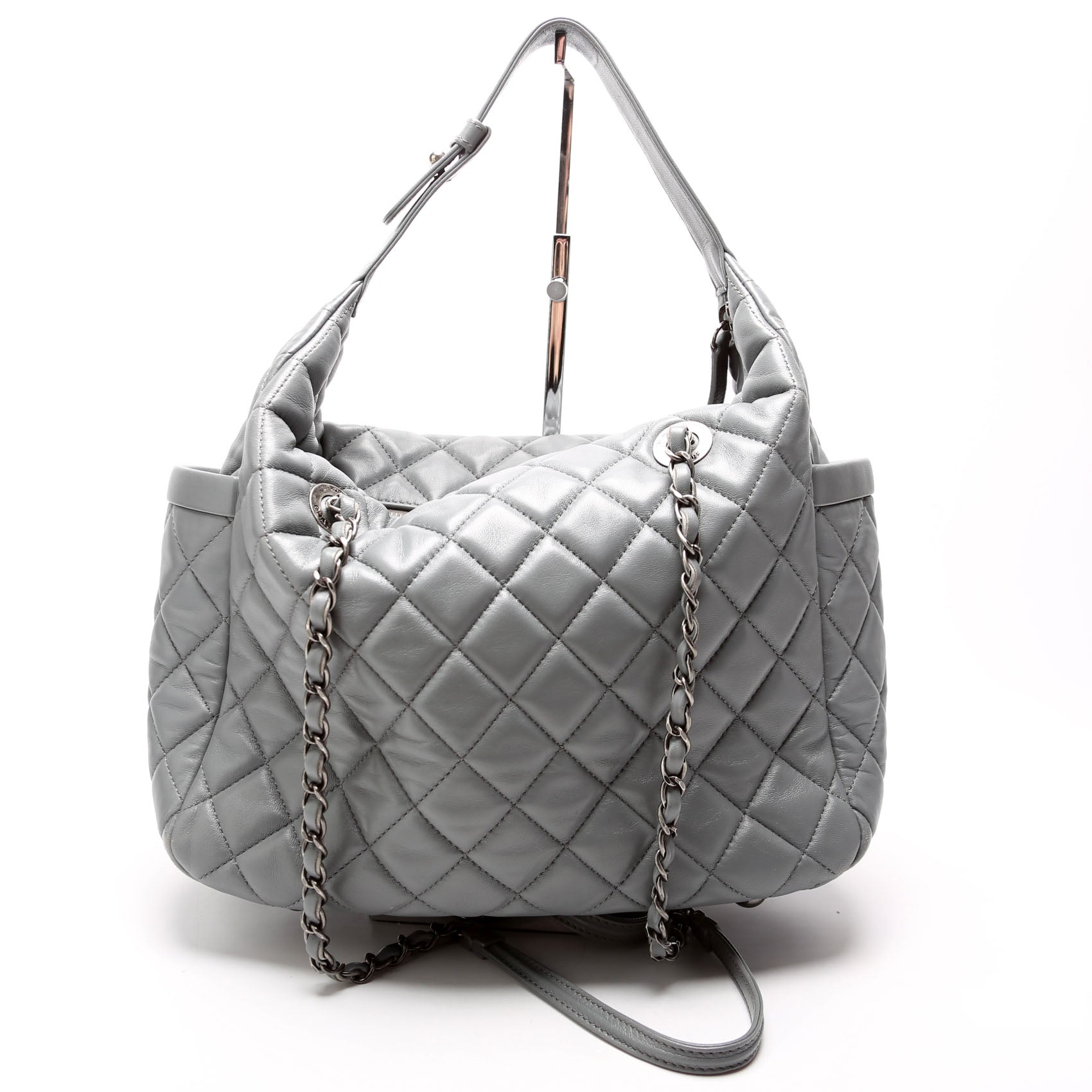 Chanel Front Pocket Flap Hobo Quilted Lambskin Grey Shoulder Bag