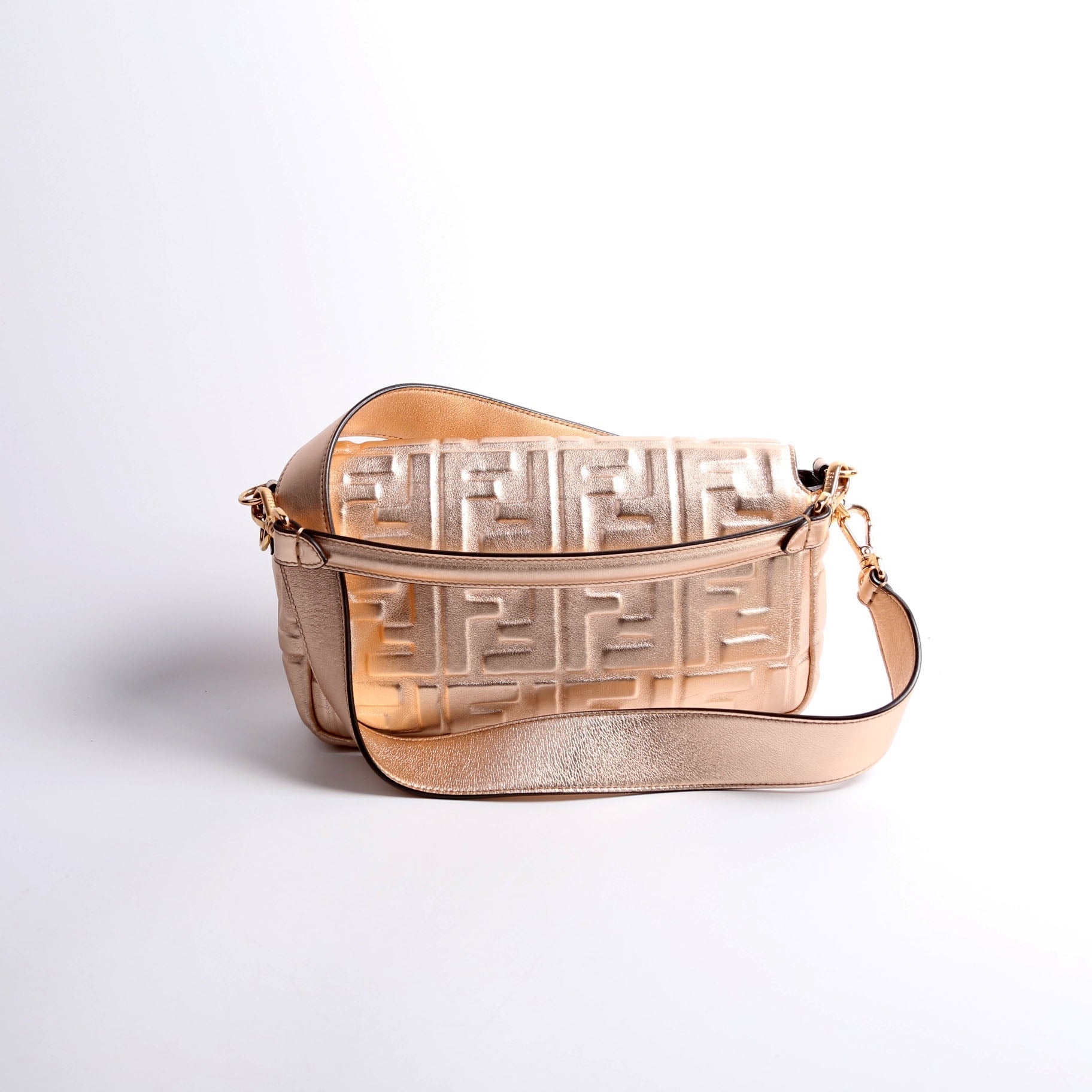 Fendi 8Br600Uette Ff Metallic Nappa Rose Bag Gold Embossed Travel Bag
