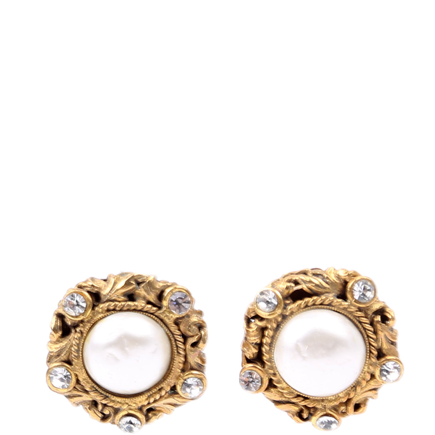 Chanel CC Rhinestone/Faux Pearl Clip On   Earrings Gold