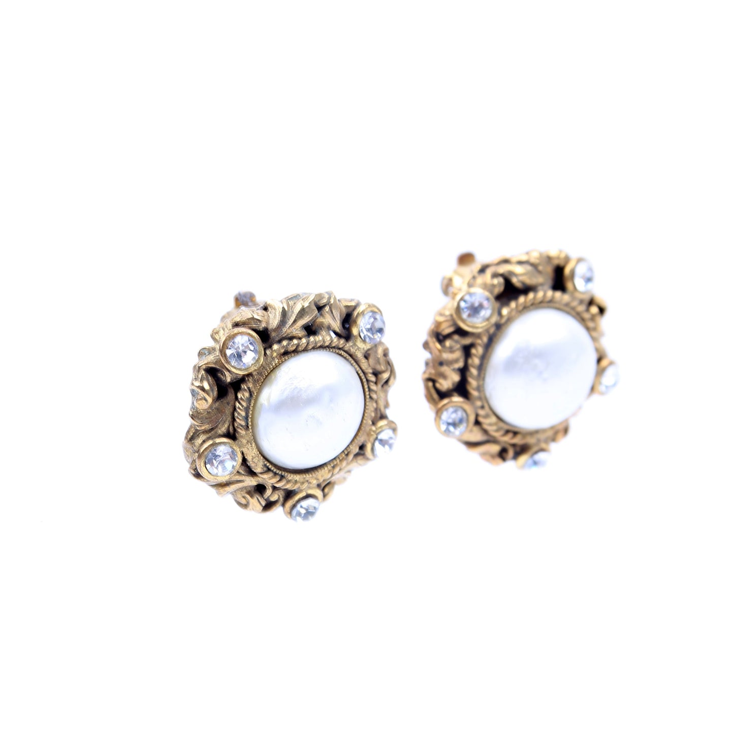 Chanel CC Rhinestone/Faux Pearl Clip On   Earrings Gold