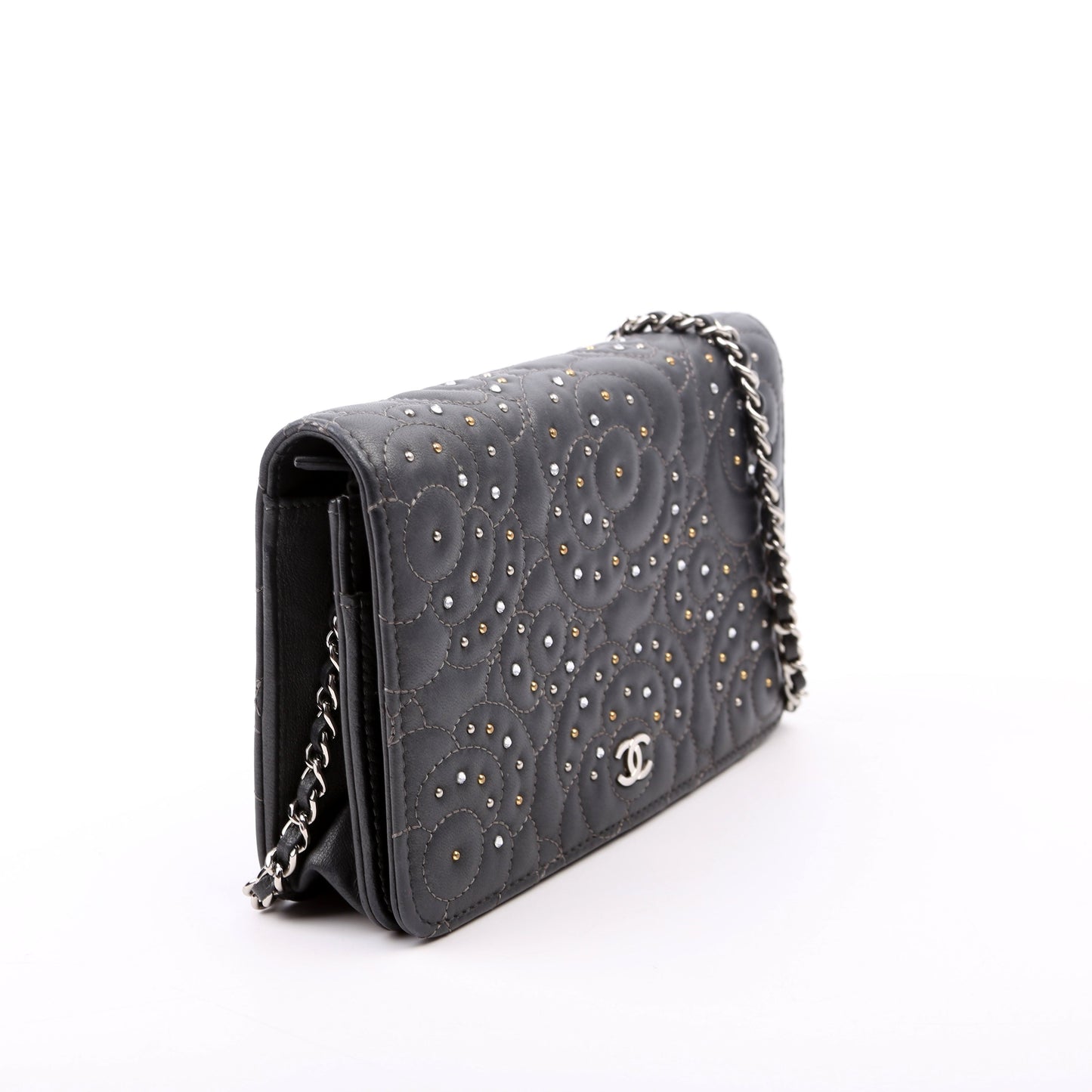 Chanel WOC Camellia Studded Lambskin 27M Grey Clutch Bag