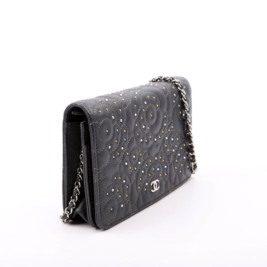 Chanel WOC Camellia Studded Lambskin 27M Grey Clutch Bag