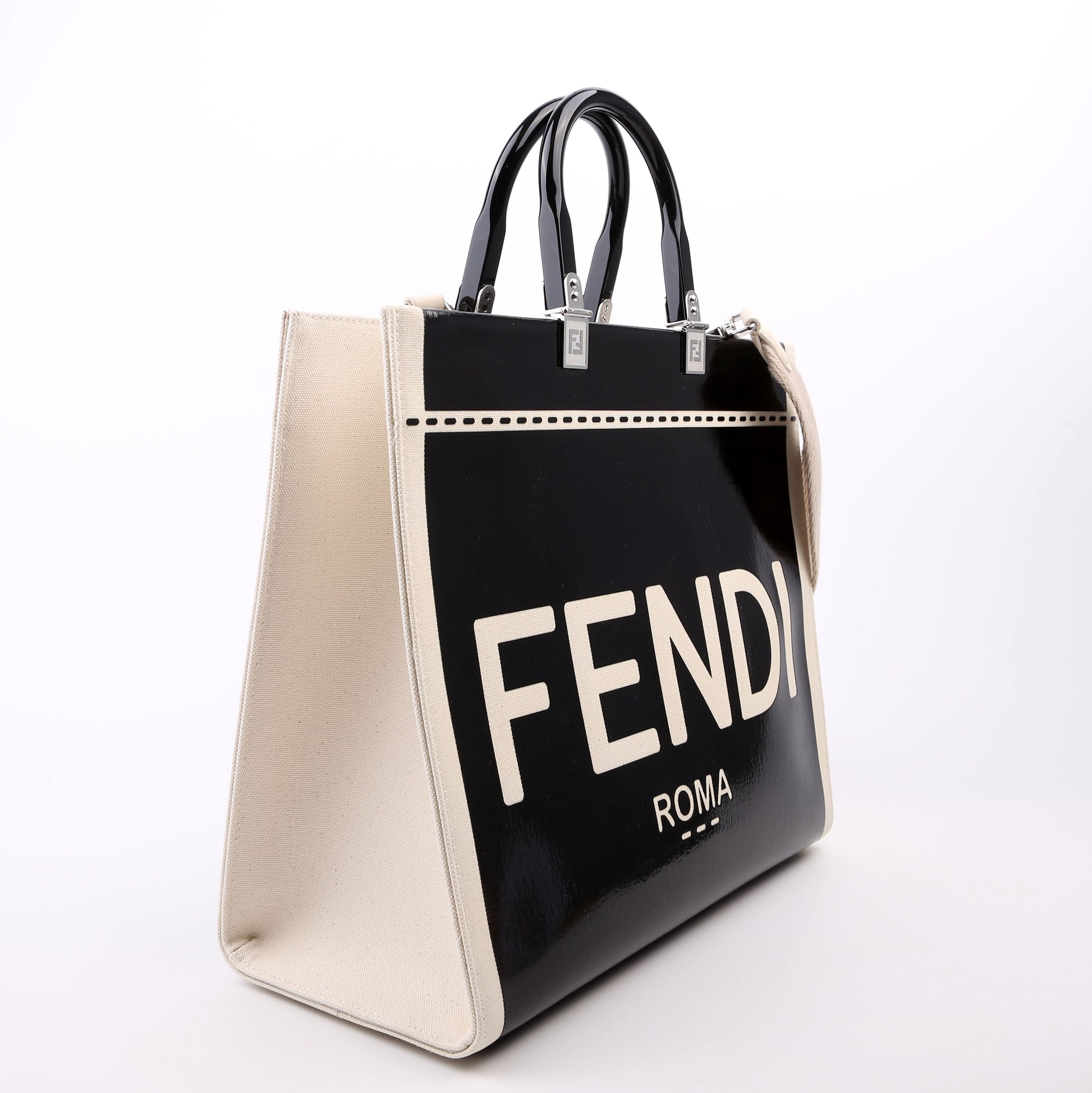 Fendi Sunshine Shopper Vinyl Bag Canvas Patent Black Travel Bag