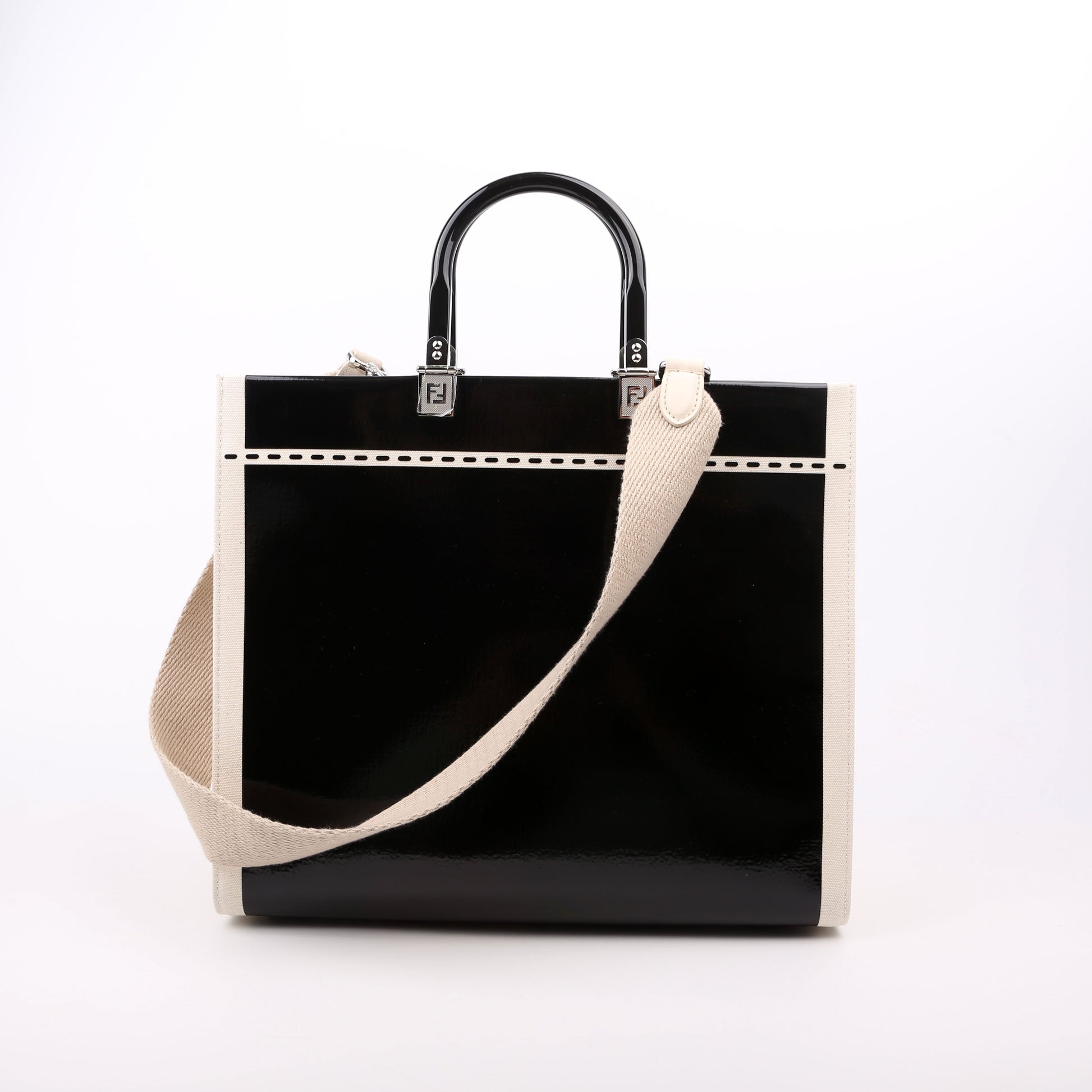 Fendi Sunshine Shopper Vinyl Bag Canvas Patent Black Travel Bag