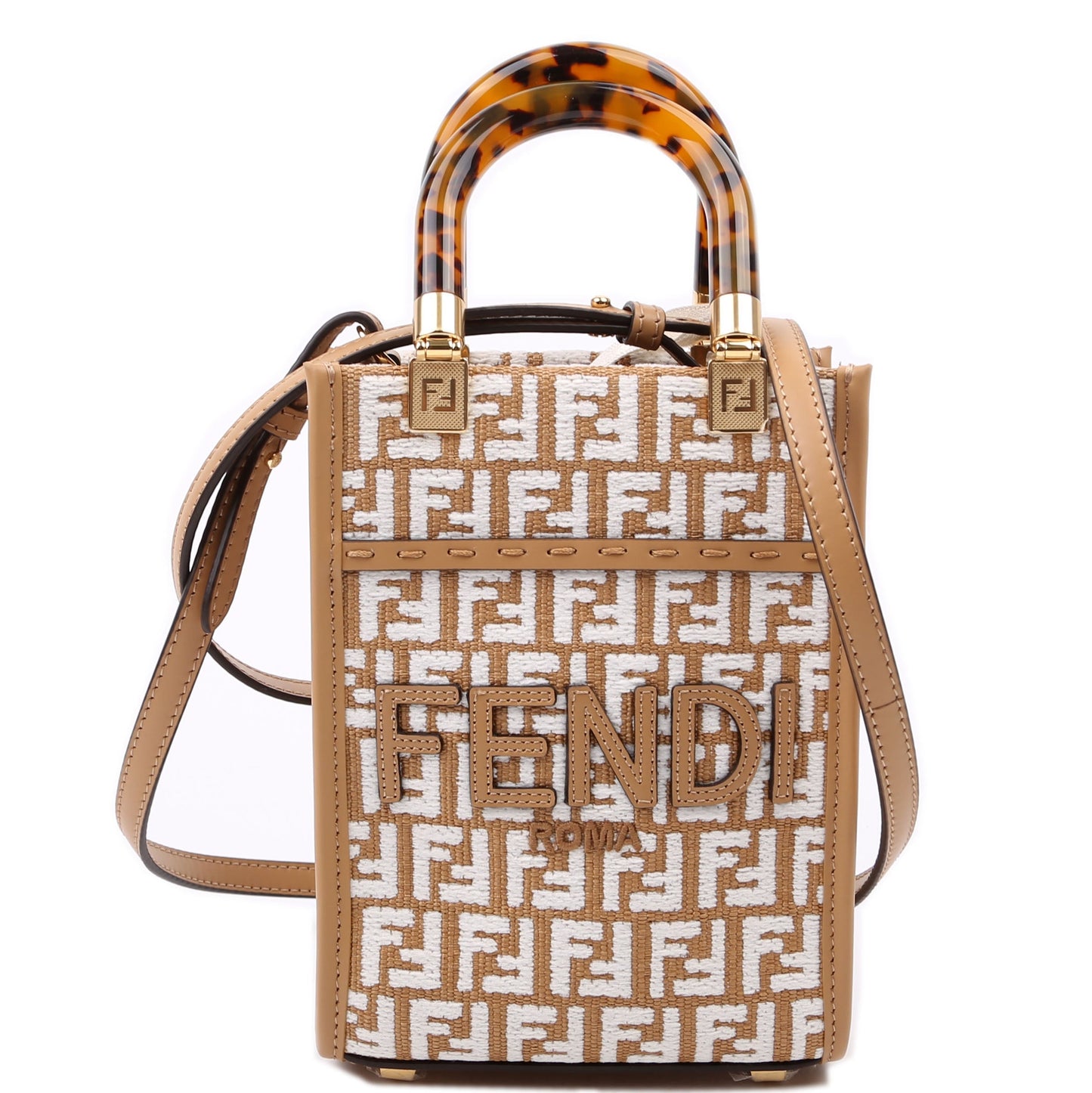 Fendi 8Bs051 Ff Sunshine Shopper Bag Raffia Tan Mini Travel Bag