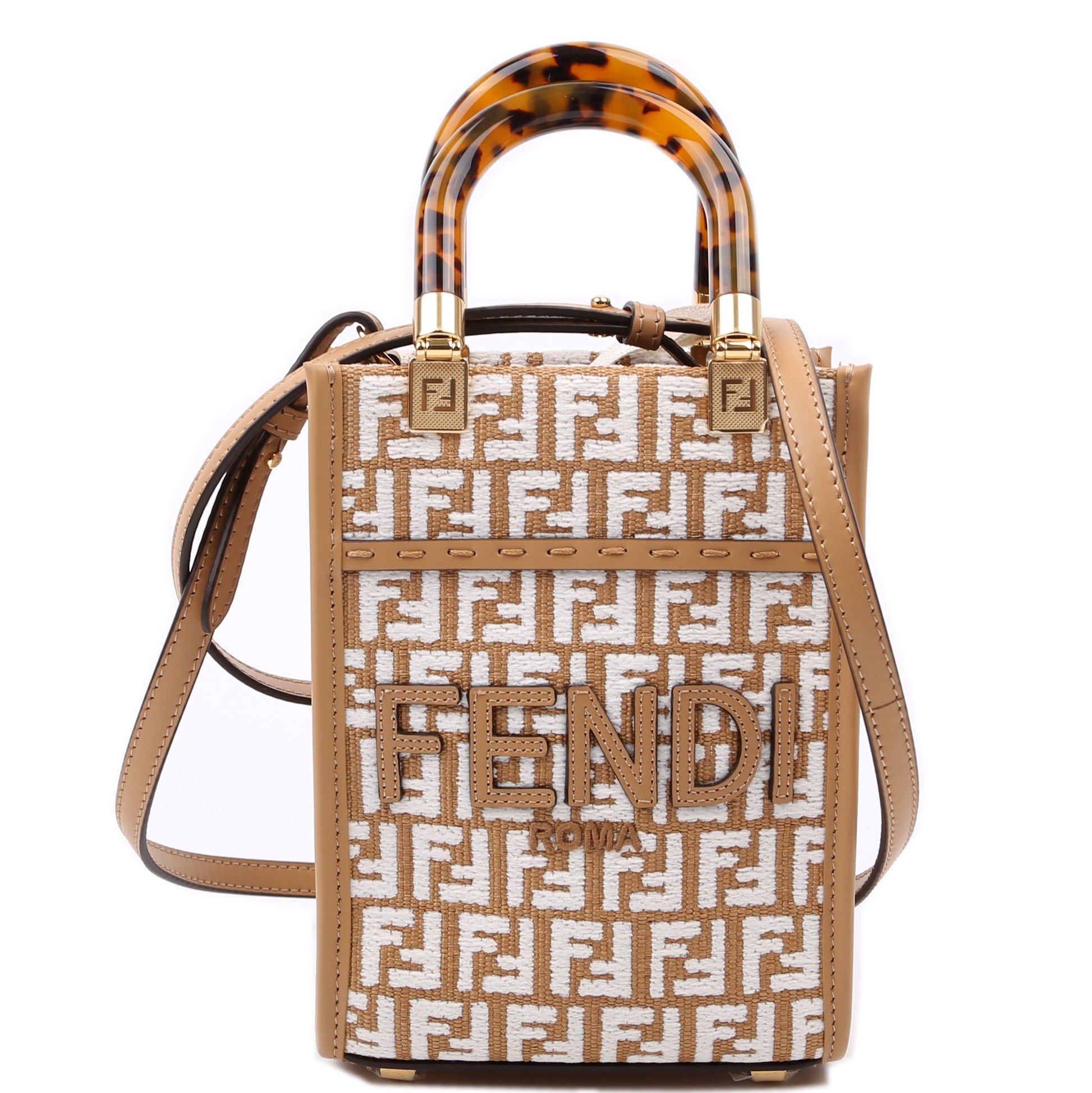 Fendi 8Bs051 Ff Sunshine Shopper Bag Raffia Tan Mini Travel Bag