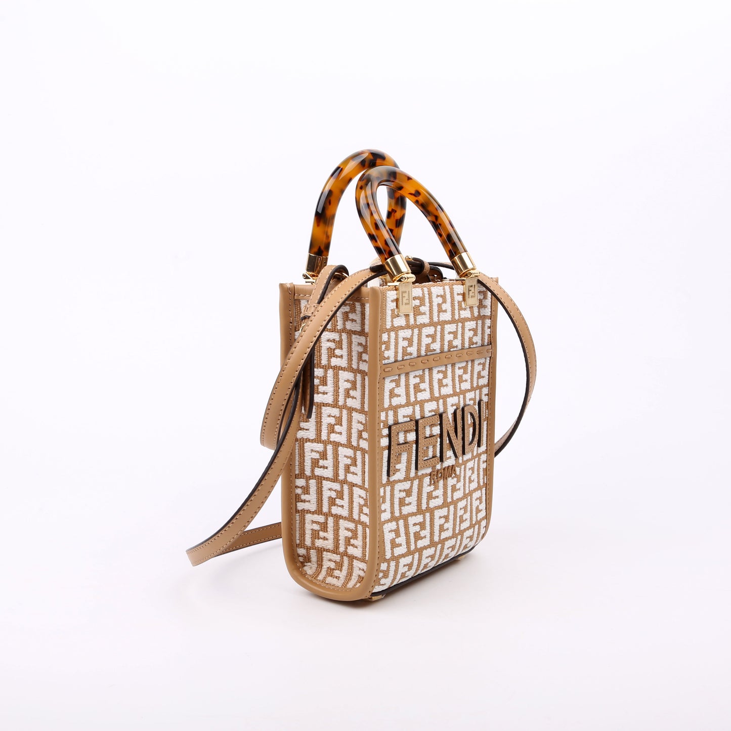 Fendi 8Bs051 Ff Sunshine Shopper Bag Raffia Tan Mini Travel Bag