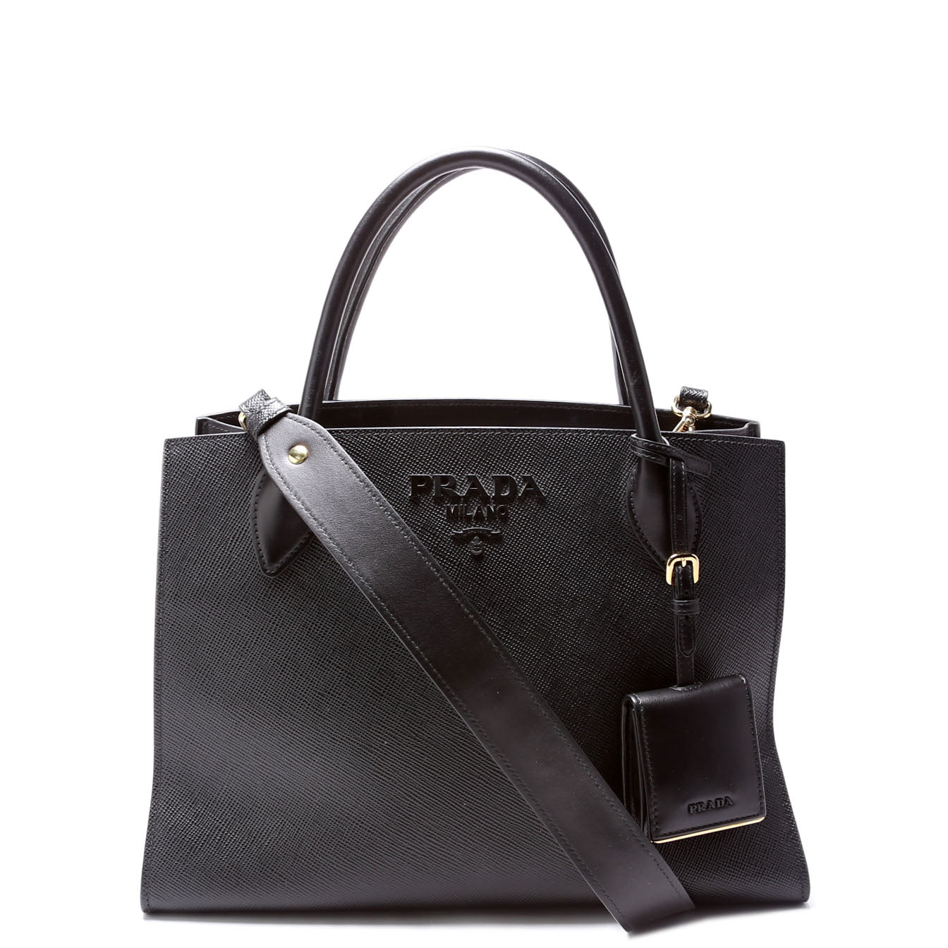 Prada Saffiano Cuir Monochrome Top Handle Tote Bag Black