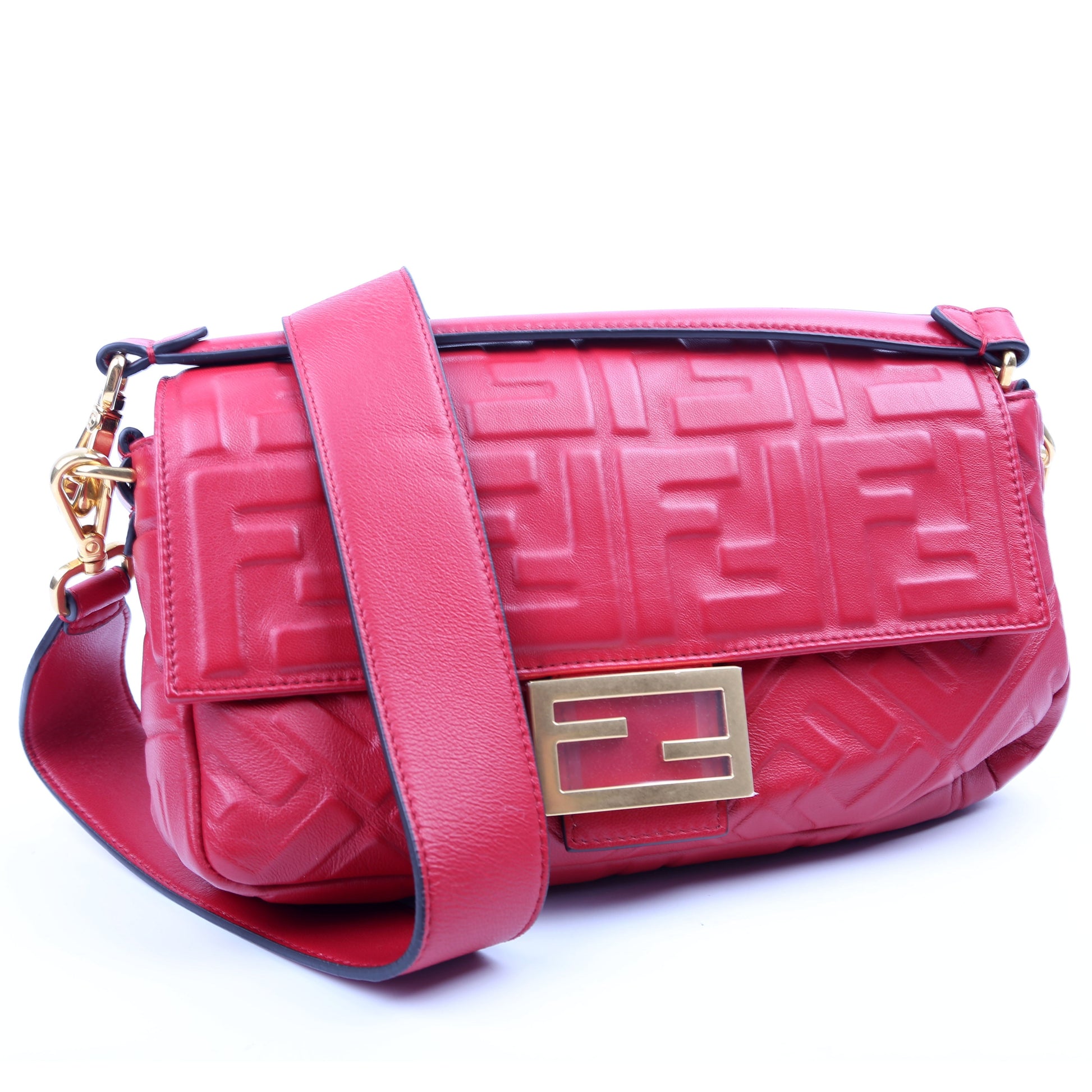 Fendi Baguette Ff Nappa Bag Red Embossed Shoulder Bag