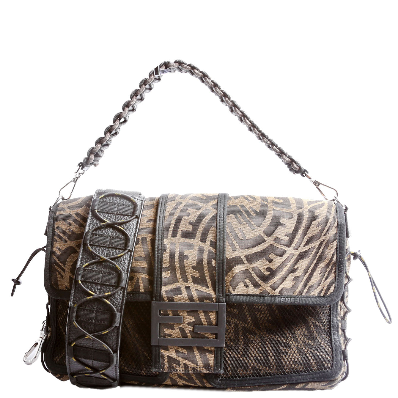 Fendi Ff Zucca Mesh Vertigouette Satchel Bag Black Brown Large