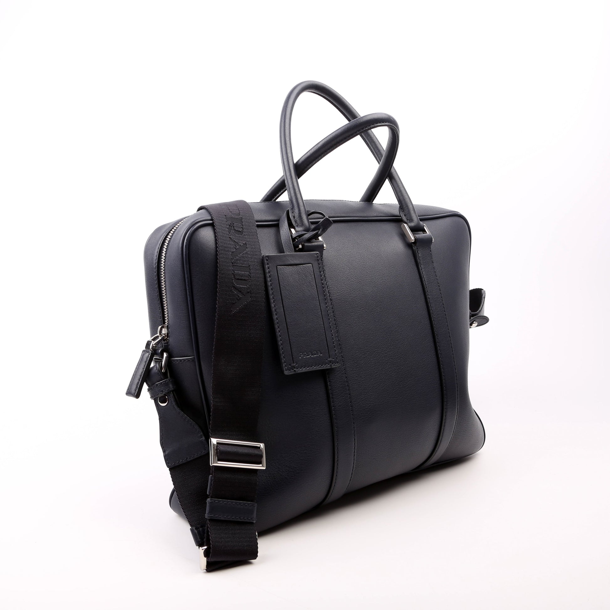 Prada Business Way Bag Leather Blue Travel Bag