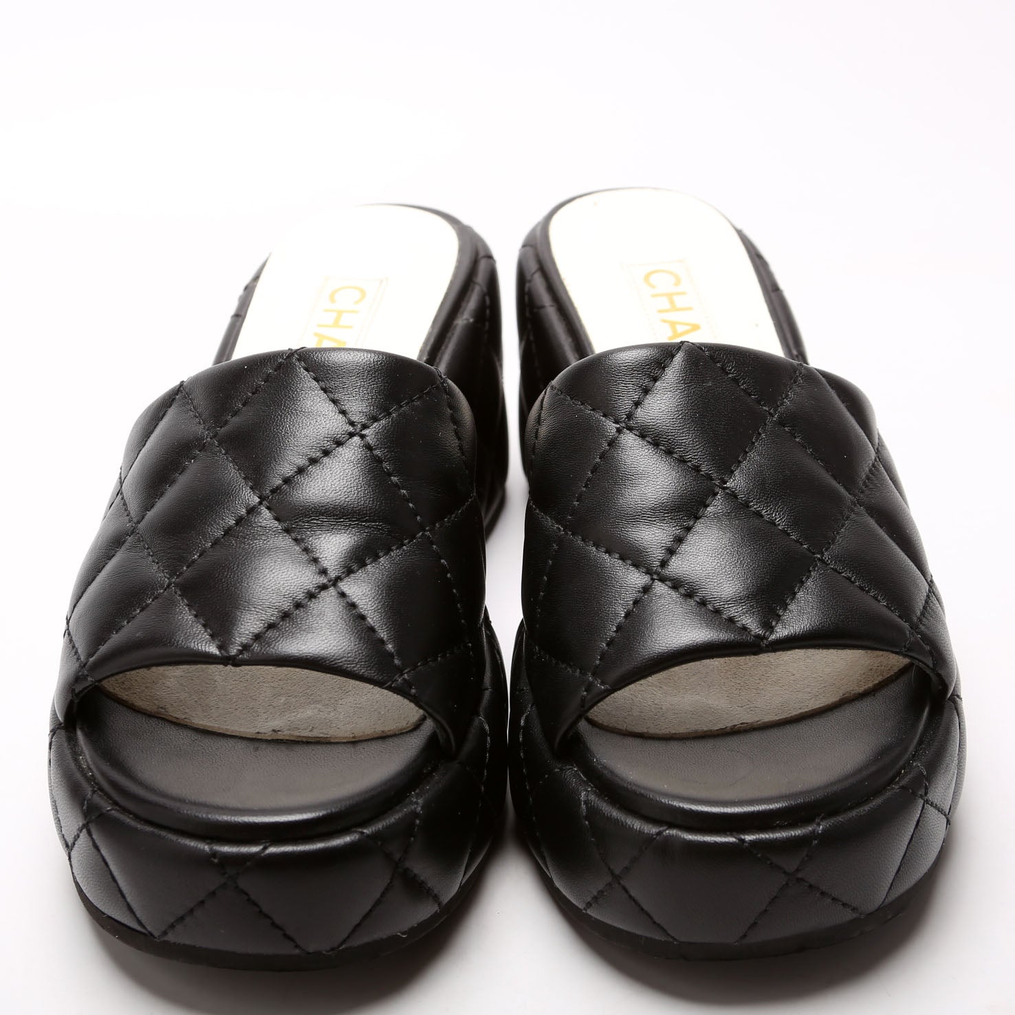 Chanel Camelia Quilted Lambskin Platform Mules Size 37 Black