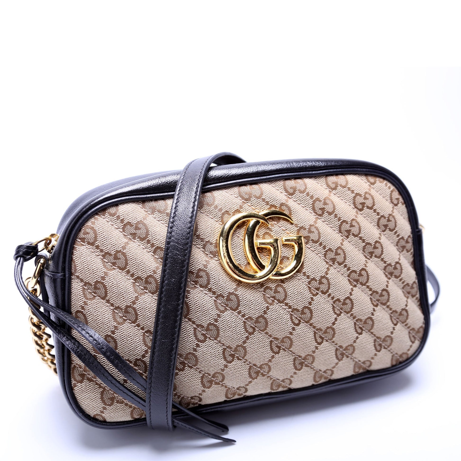 Gucci Marmont GG Camera Canvas Black Tan Small Travel Bag