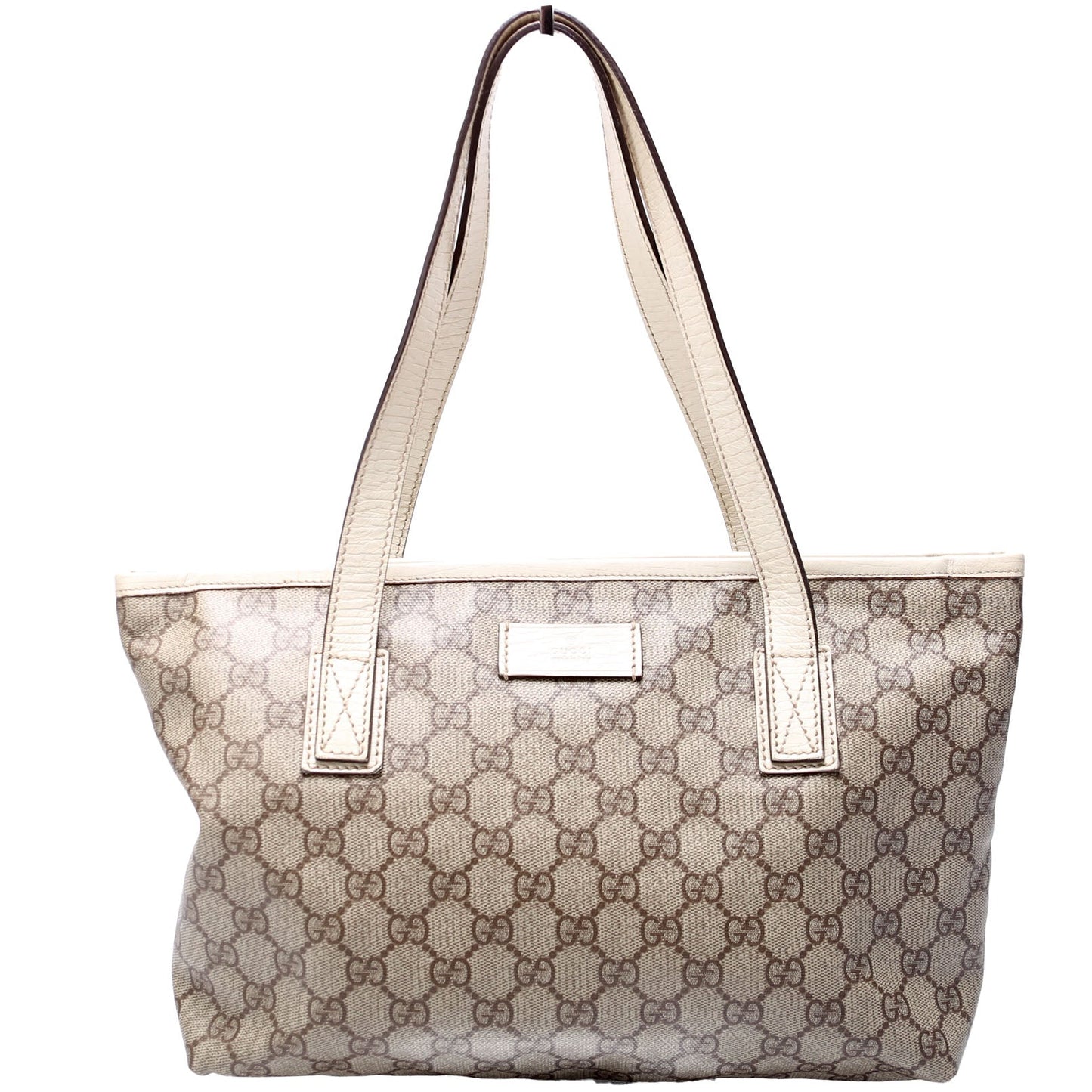 Gucci GG Supreme Zip White Tan Small Tote Bag