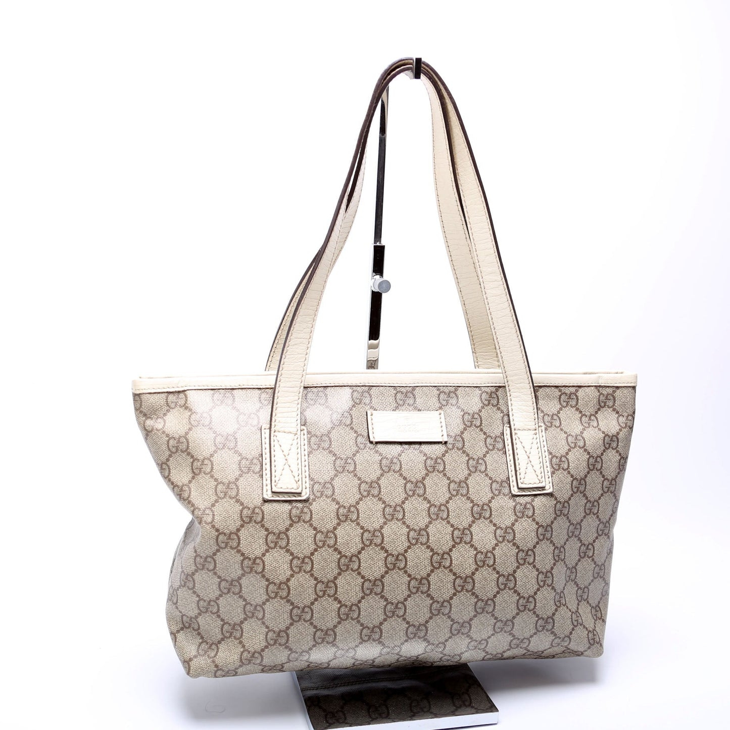 Gucci GG Supreme Zip White Tan Small Tote Bag