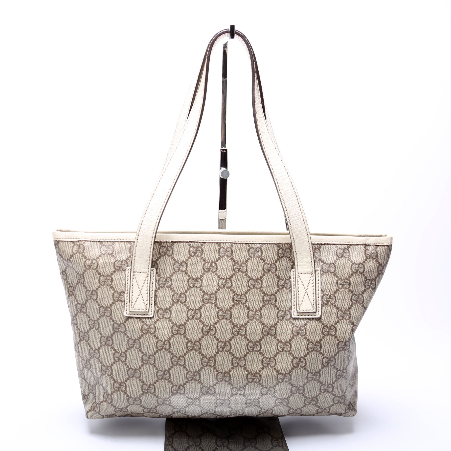 Gucci GG Supreme Zip White Tan Small Tote Bag
