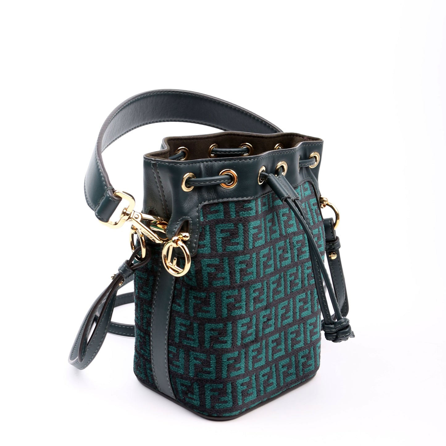 Fendi 8Bs010 Mon Tresor Ff Bag Leather Canvas Green Bucket Bag