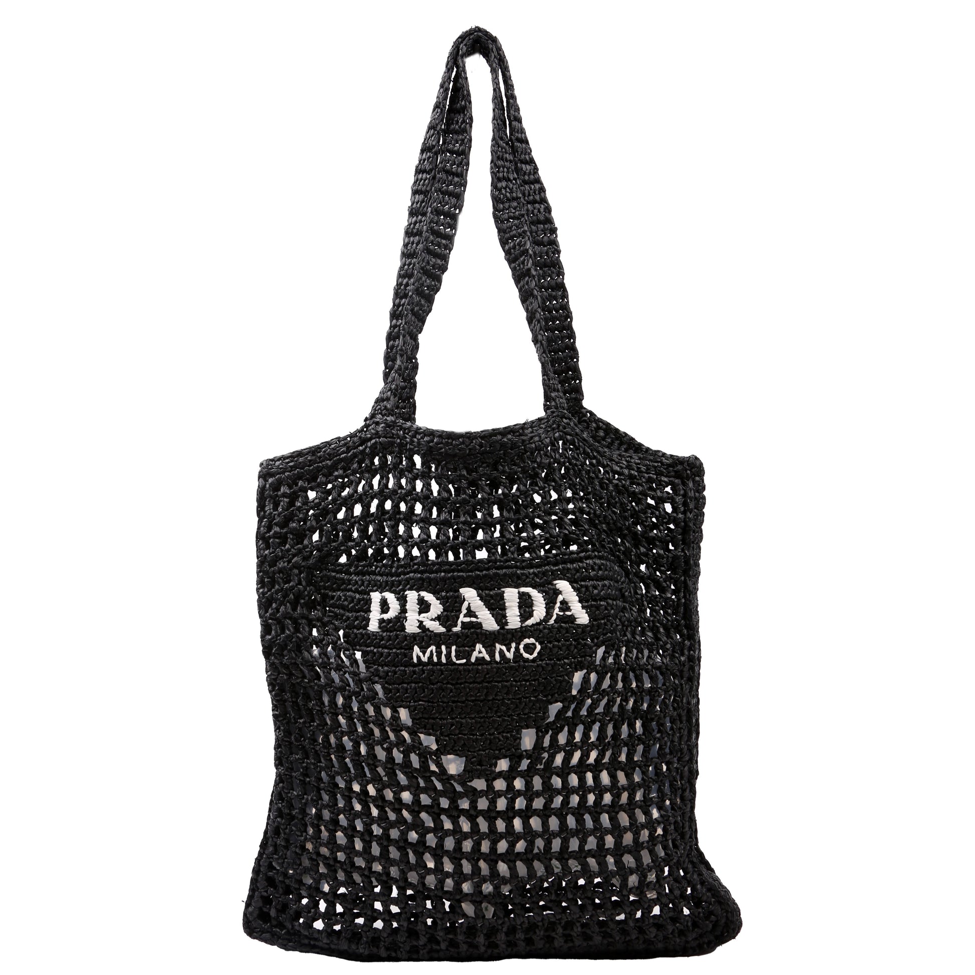 Prada Crochet Tote Bag Raffia Black