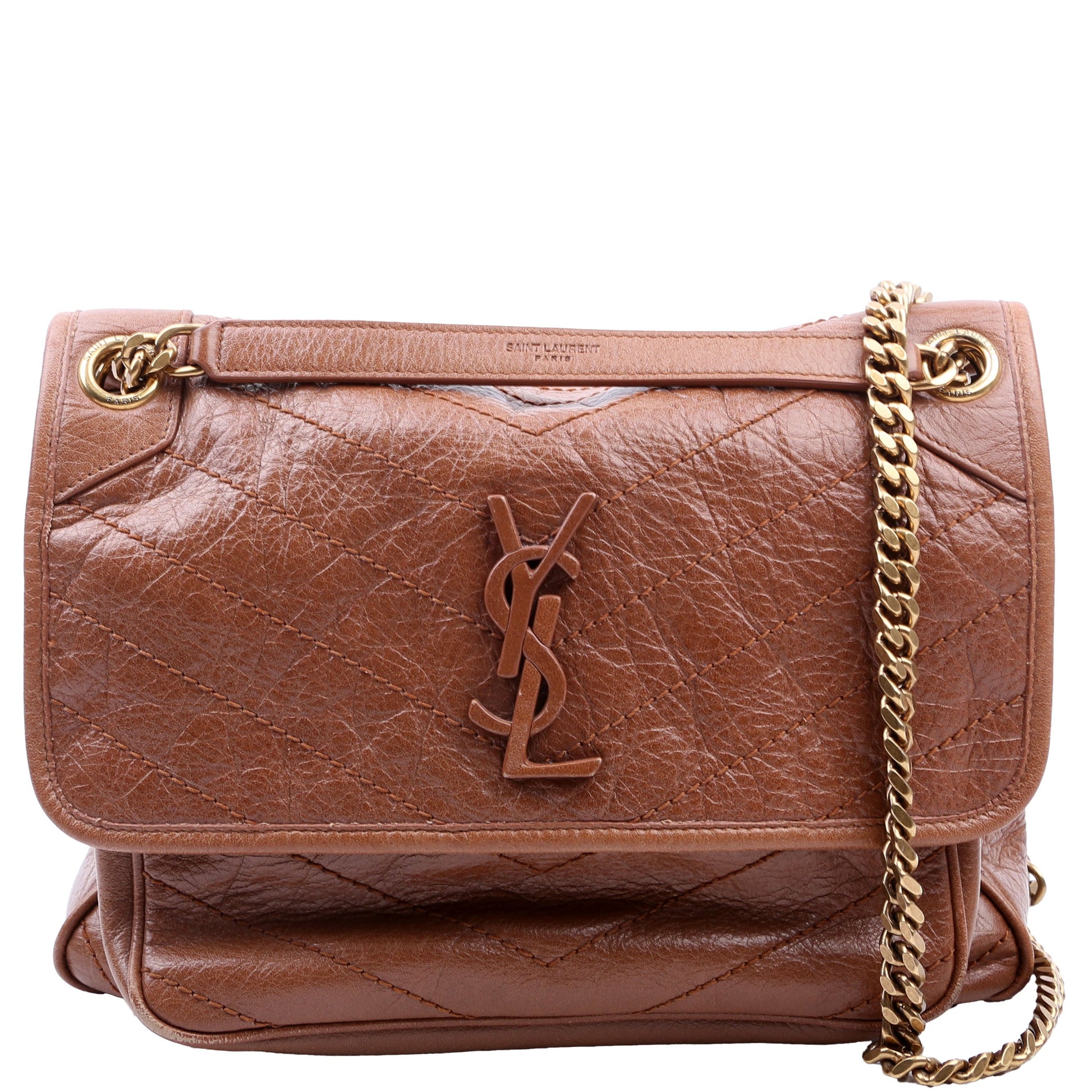 YSL Saint Laurent Niki Crinkle Bag Leather Brown Medium Travel Bag