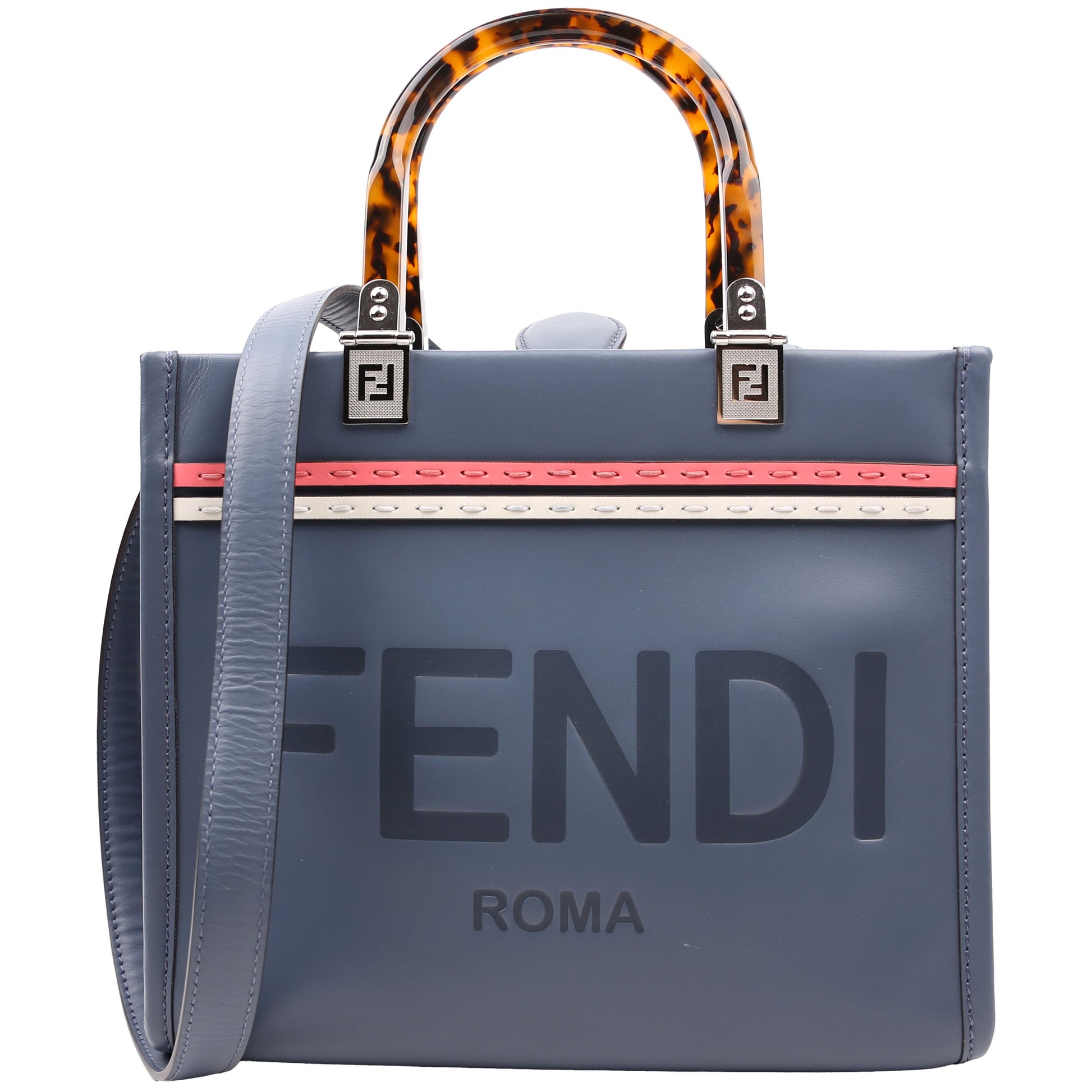 Fendi Sunshine Shopper Tote Bag Leather Blue Small