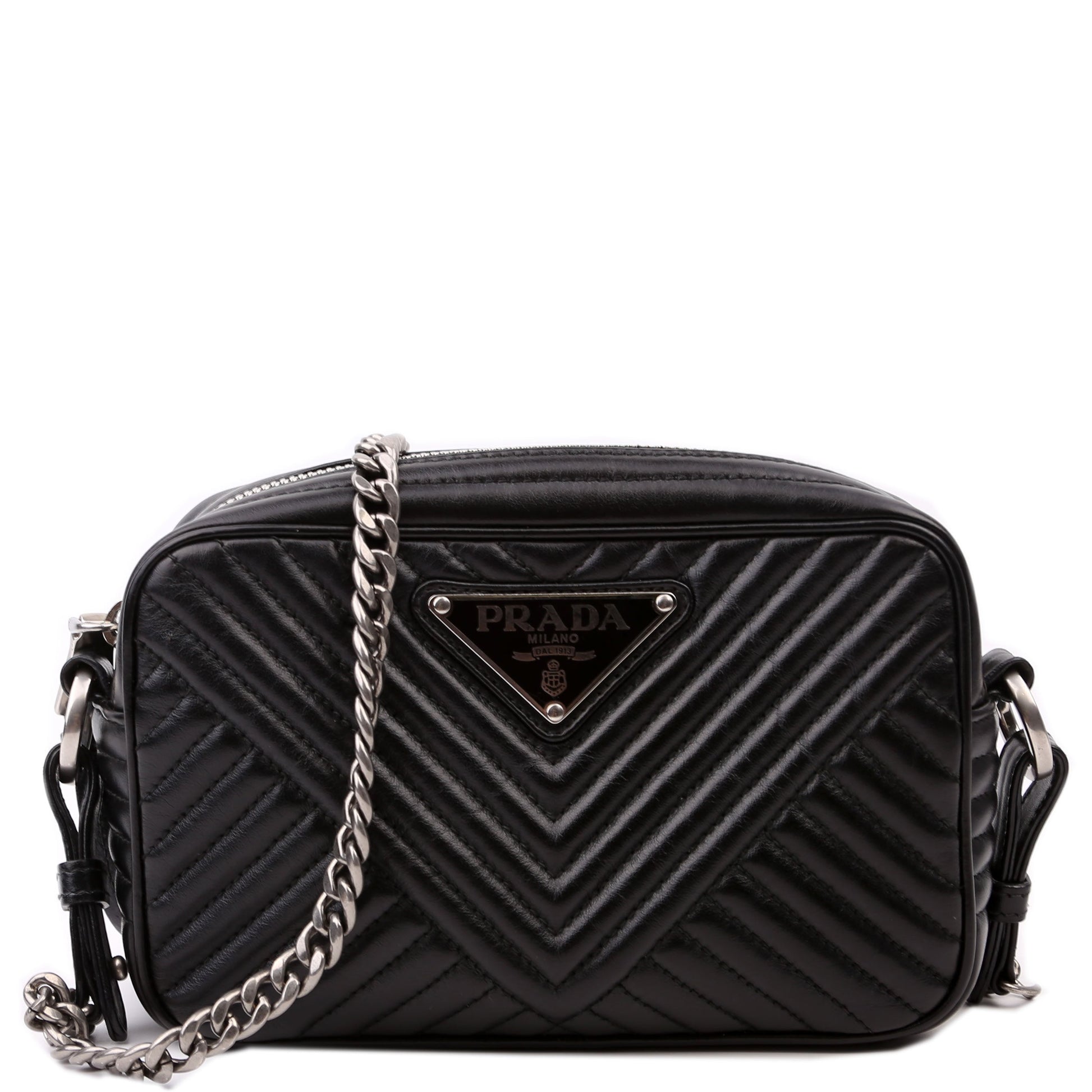 Prada Diagramme Camera Soft Calfskin Impunture Bag Black Travel Bag