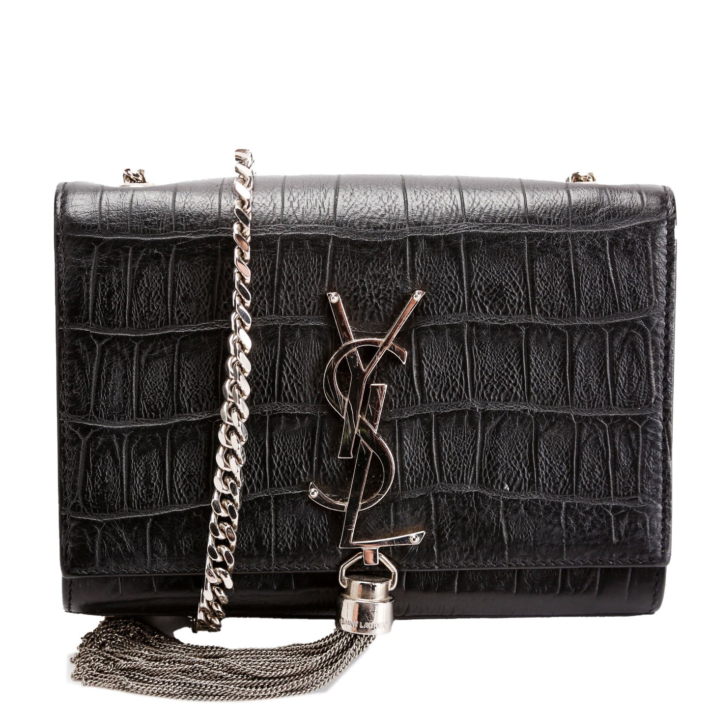 YSL Saint Laurent Kate Tassel Crocodile Embossed Bag Black Small Travel Bag