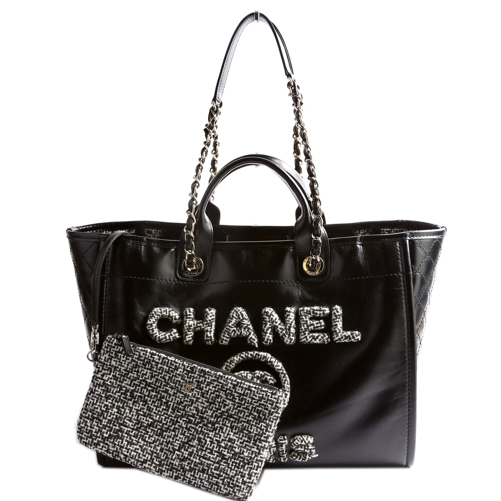 Chanel Deauville Shiny Calf Tweed RFID Black Tote Bag