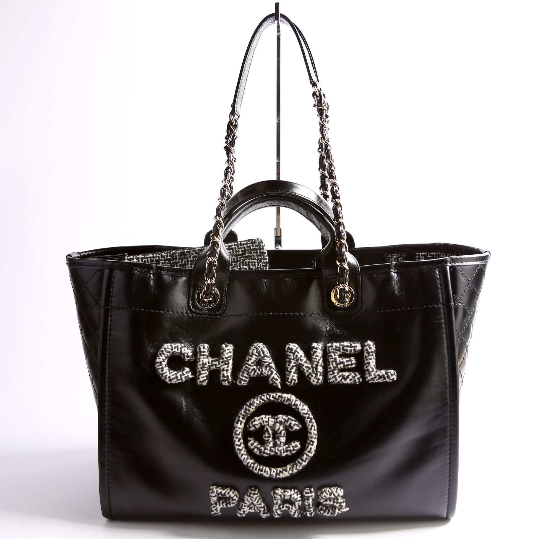 Chanel Deauville Shiny Calf Tweed RFID Black Tote Bag