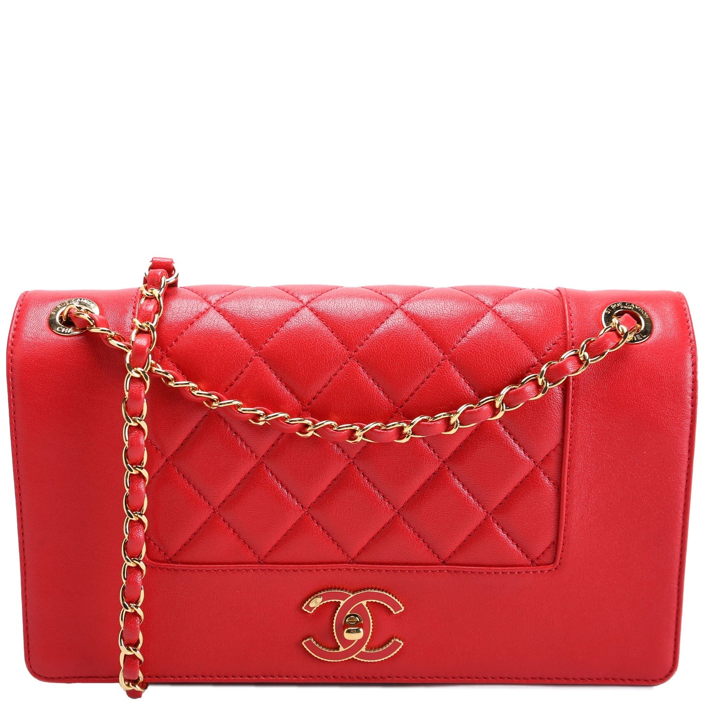 Chanel Mademoiselle Flap Quilted Shiny Sheepskin Red Gold Handbag