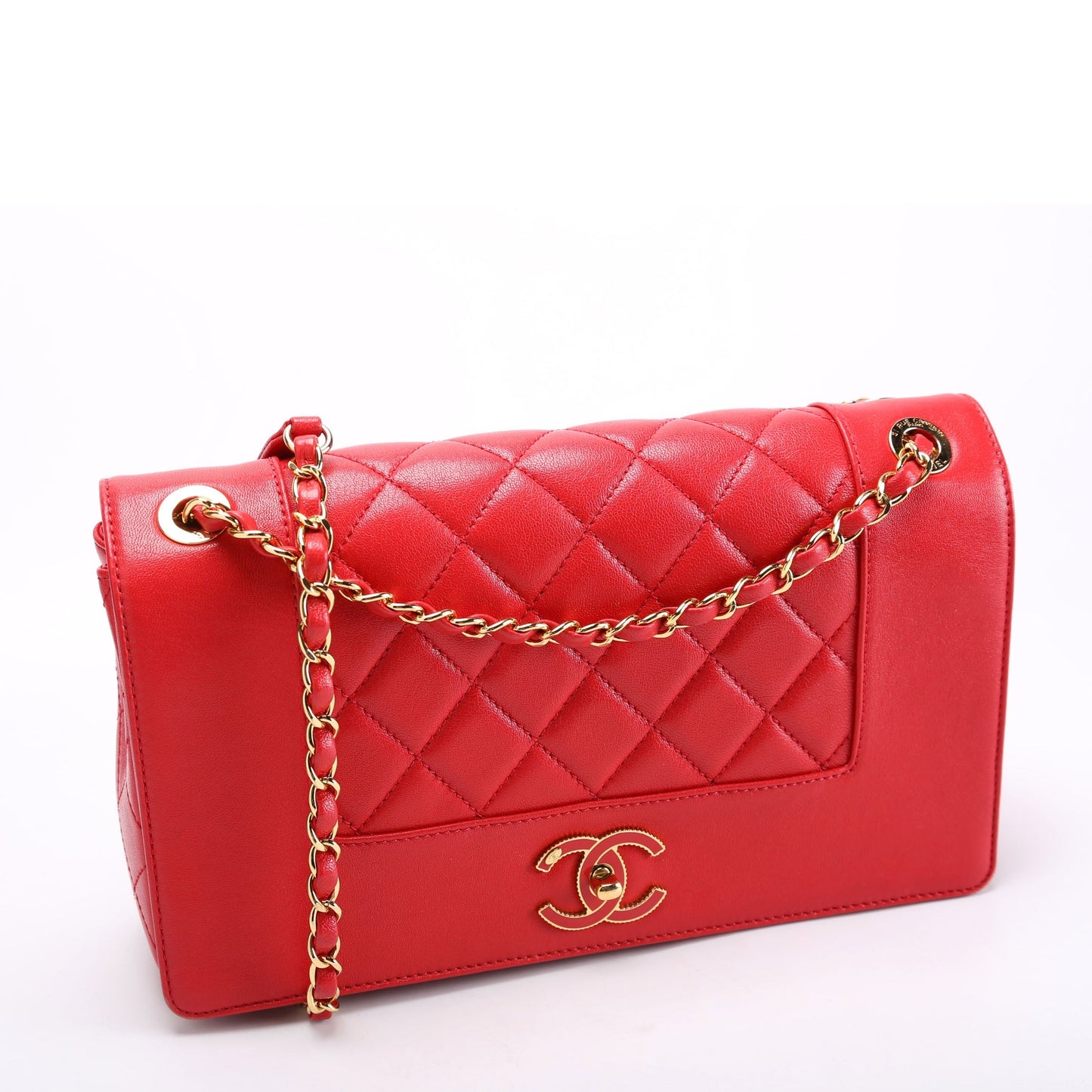 Chanel Mademoiselle Flap Quilted Shiny Sheepskin Red Gold Handbag