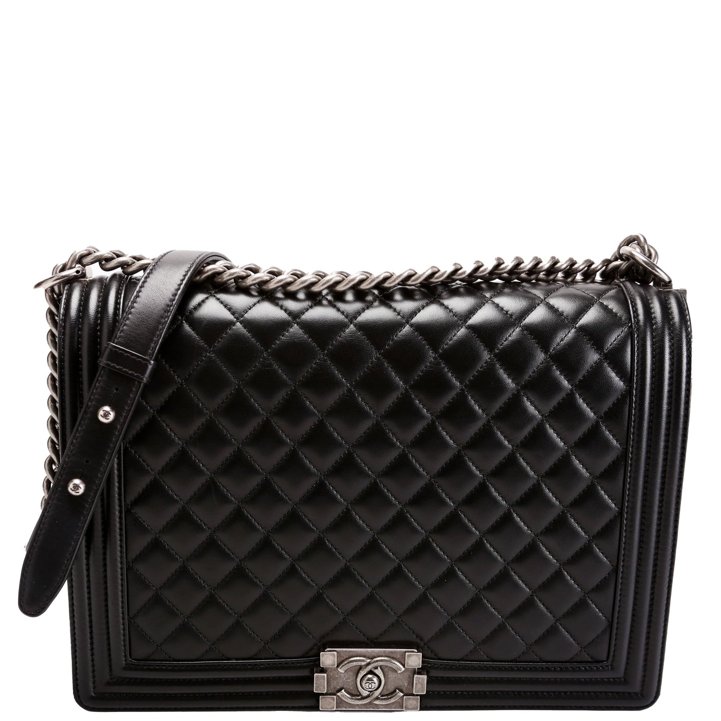 Chanel Boy Flap Lambskin Black Silver Handbag