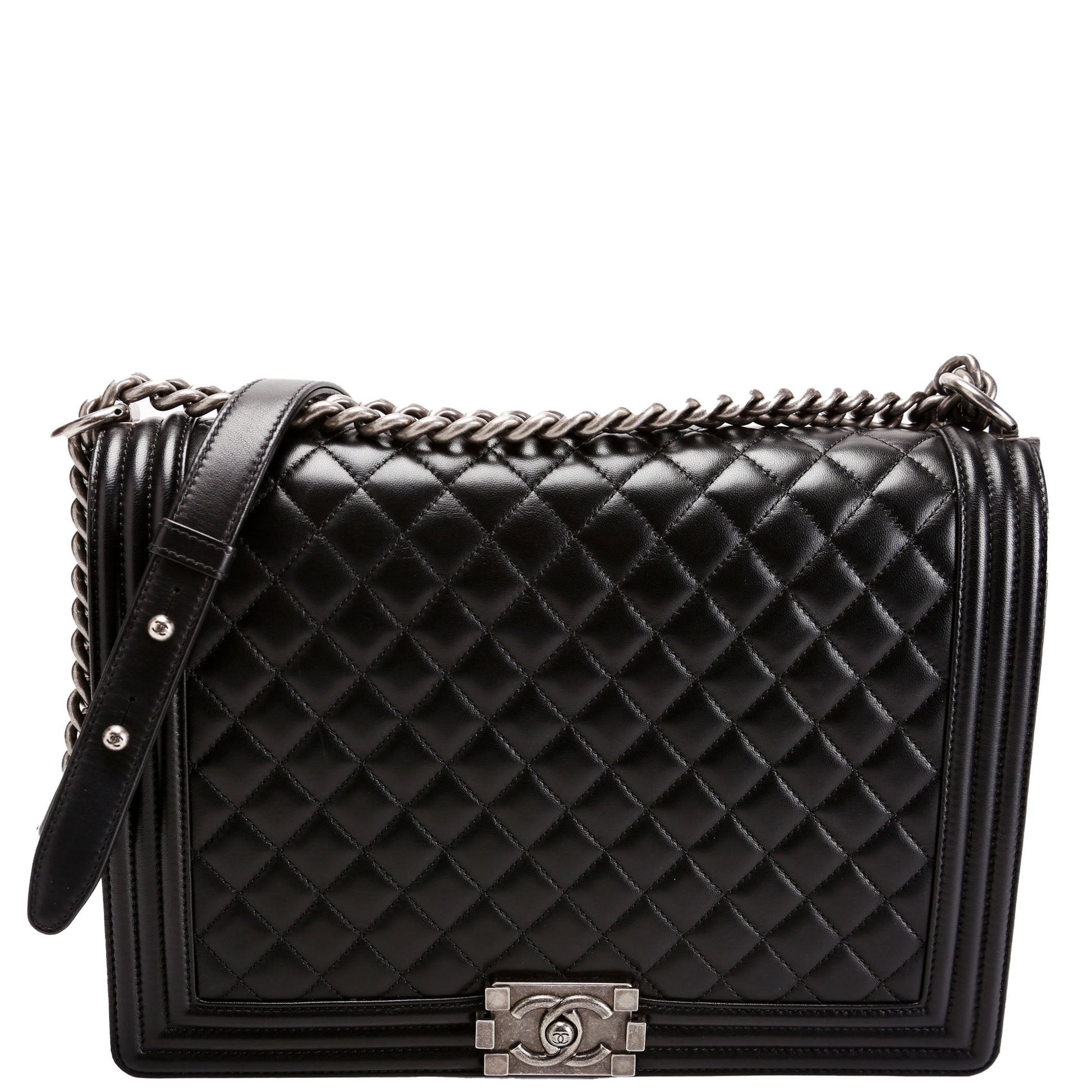 Chanel Boy Flap Lambskin Black Silver Handbag