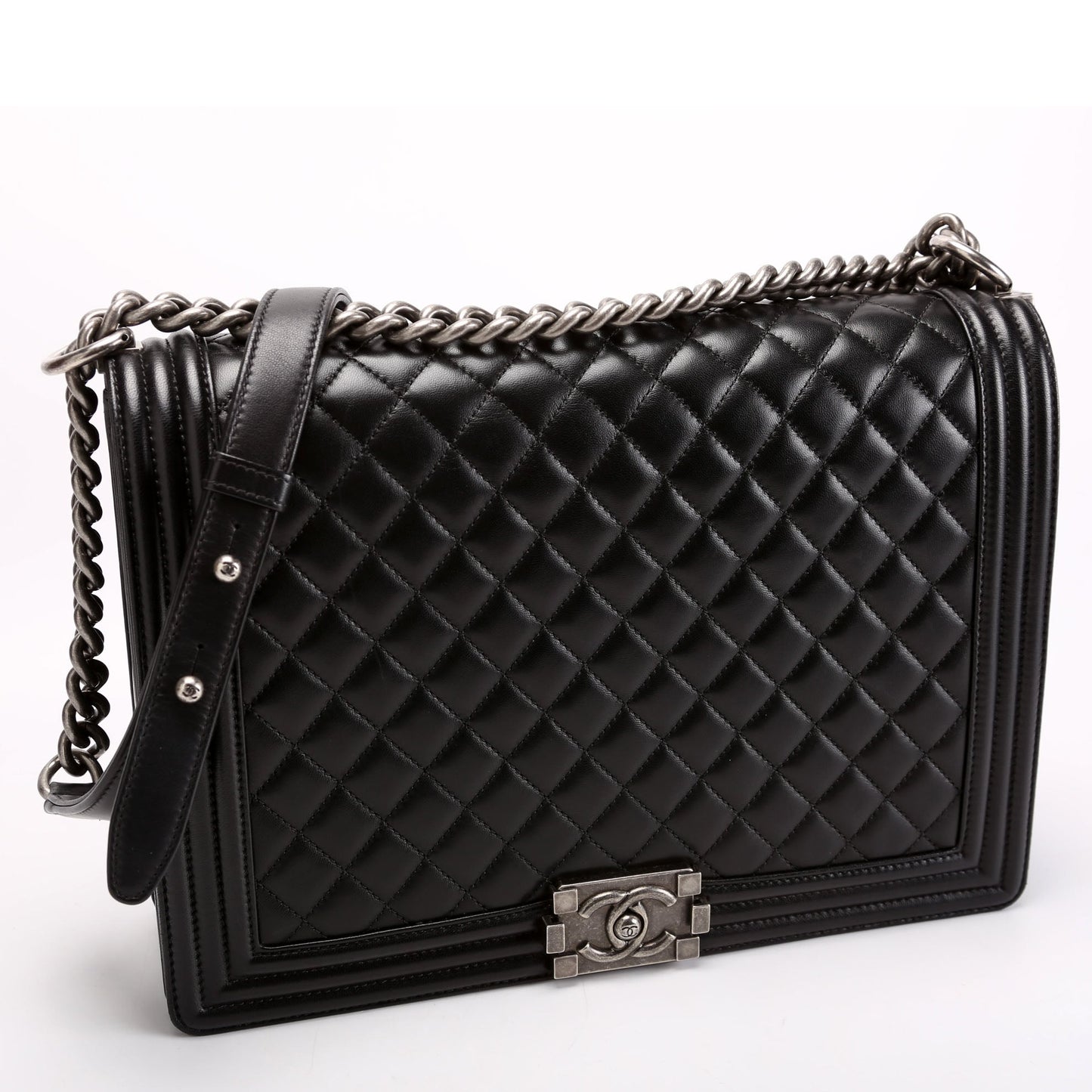 Chanel Boy Flap Lambskin Black Silver Handbag