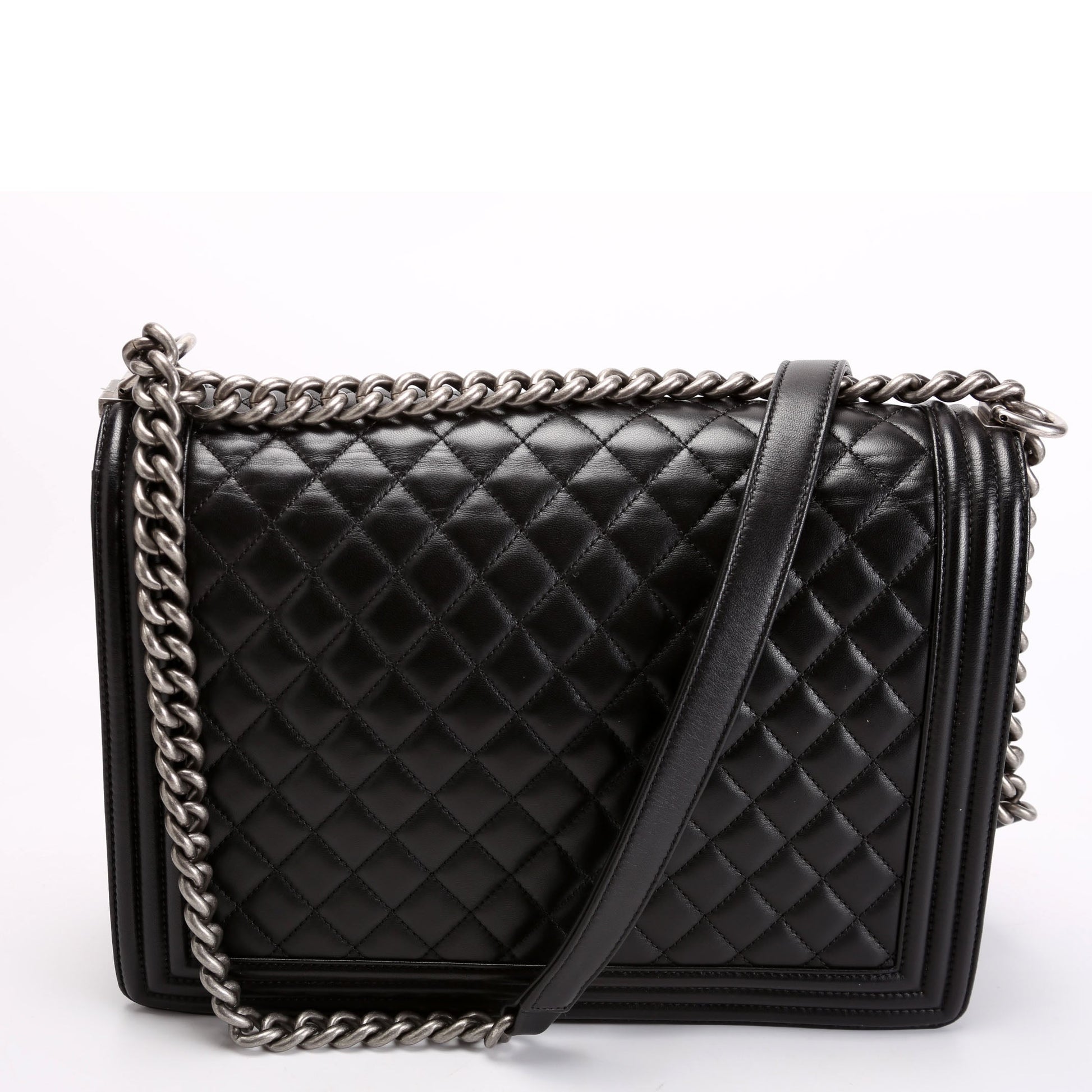 Chanel Boy Flap Lambskin Black Silver Handbag