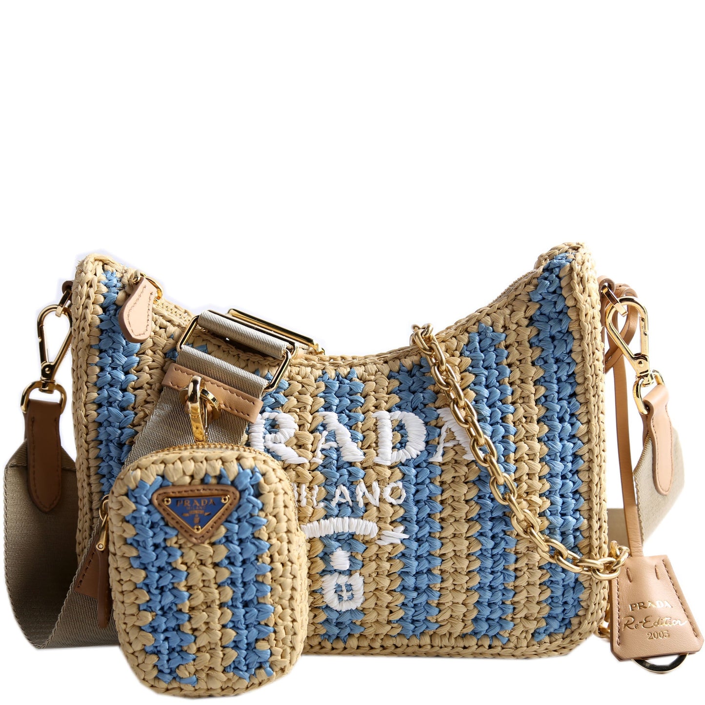 Prada Re Edition Shoulder Bag Raffia Beige Blue Bag