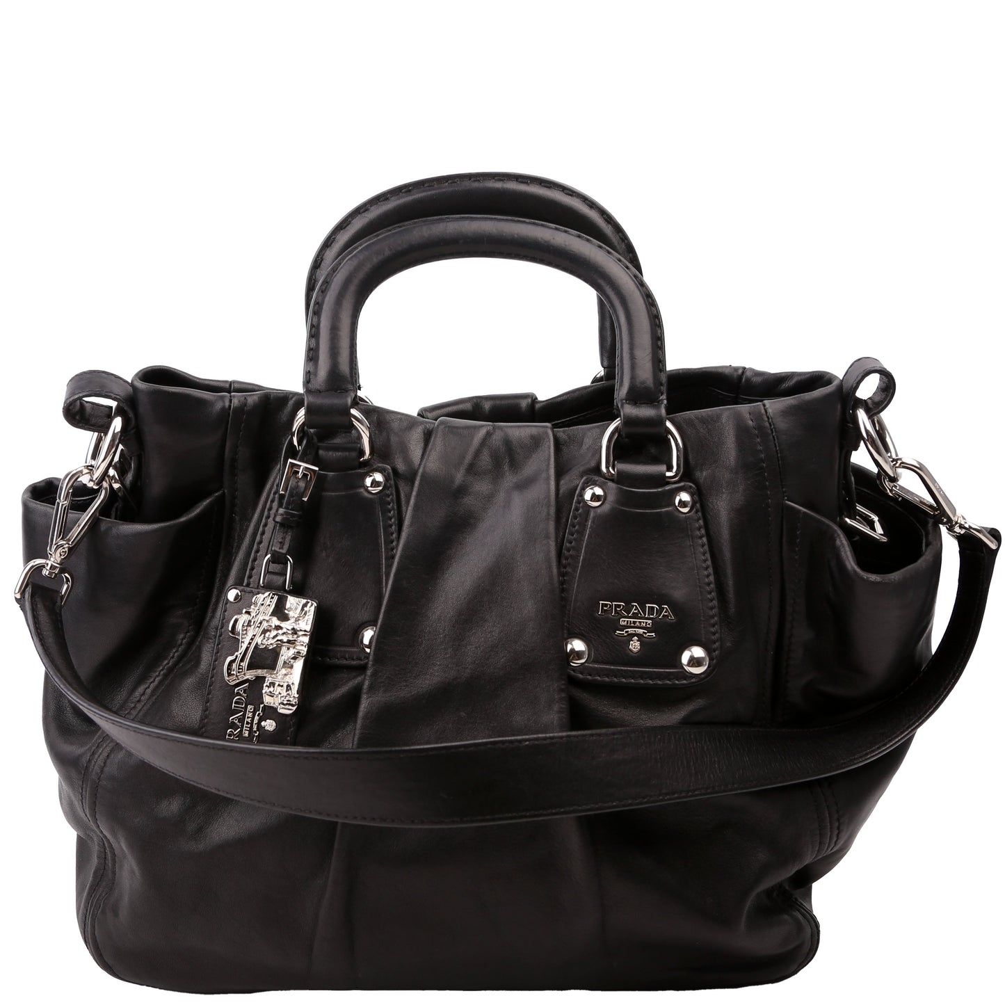 Prada Pleated Soft Calfskin Satchel Bag Black Travel Bag