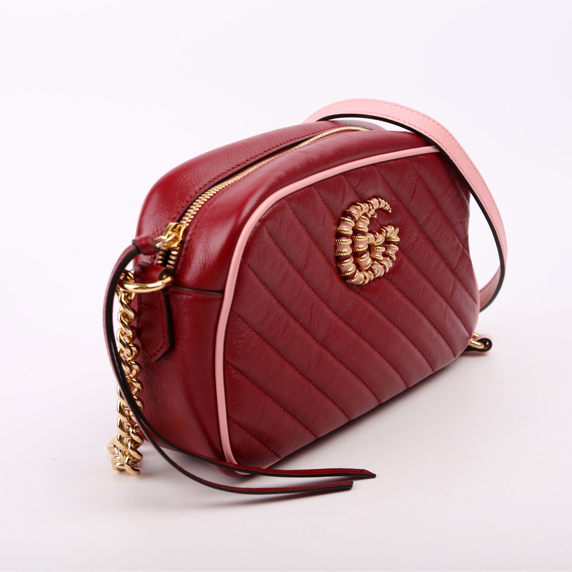 Gucci Marmont Torchon Camera Leather Red Pink Small Travel Bag